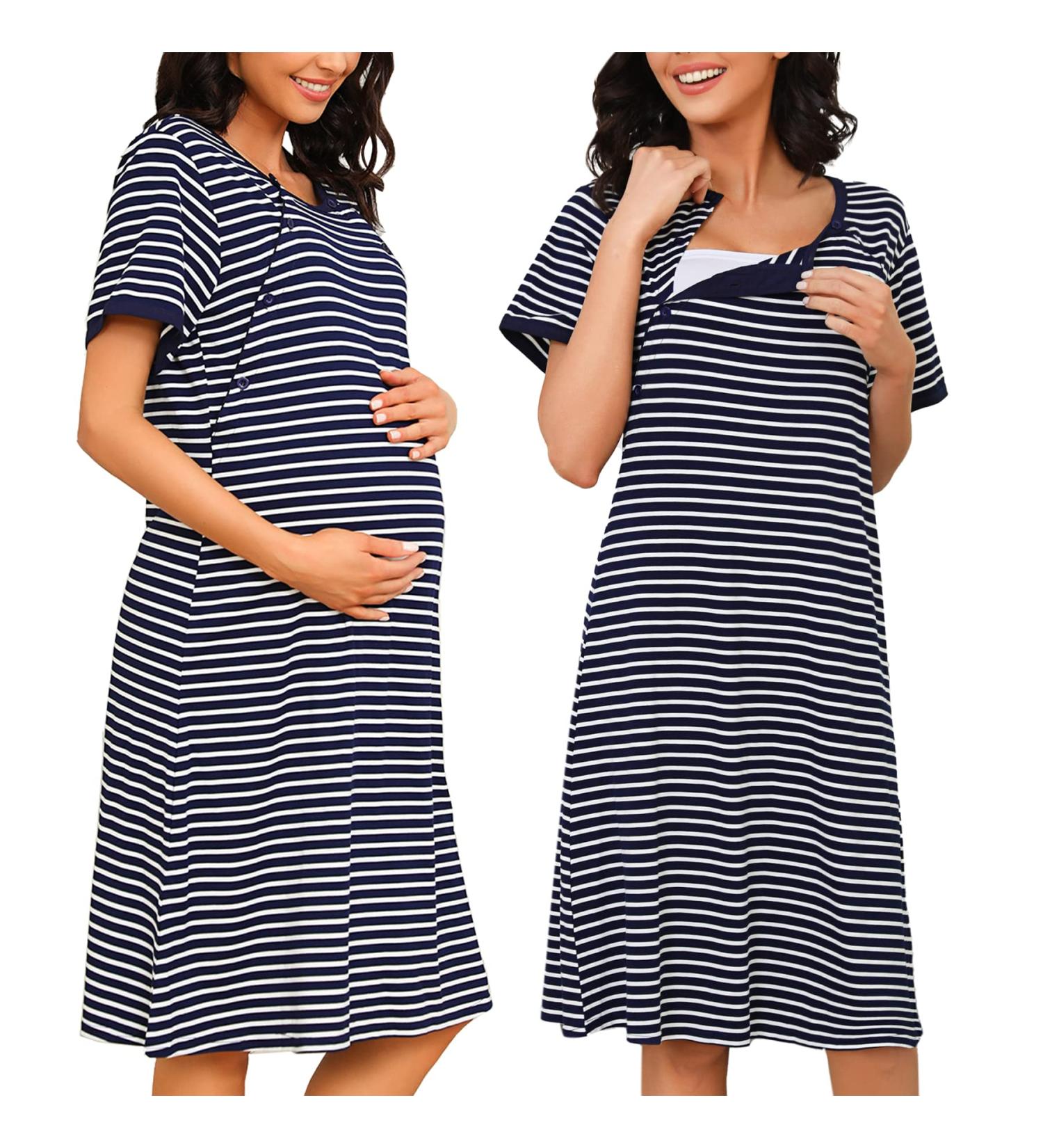 Sykooria Women's Maternity Nightdress Breastfeeding Nightwear - Short Sleeve Nursing Nightgown in Stripe Dark Blue XL - Buy Online on GoSupps.com