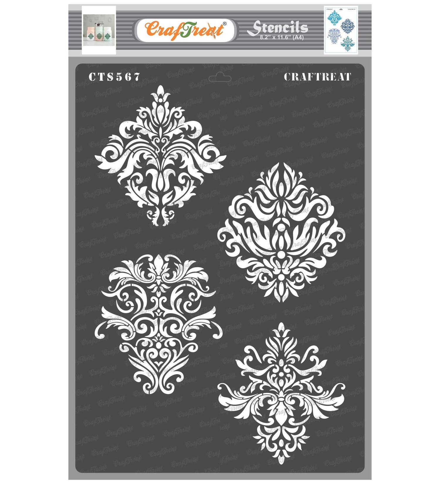 CrafTreat Damask Stencils - Reusable DIY Art Stencils for Painting on Wood, Canvas, Fabric, and More - Damask Designs - Size A4 (8.3 x 11.7 Inch) - Buy Online on GoSupps.com