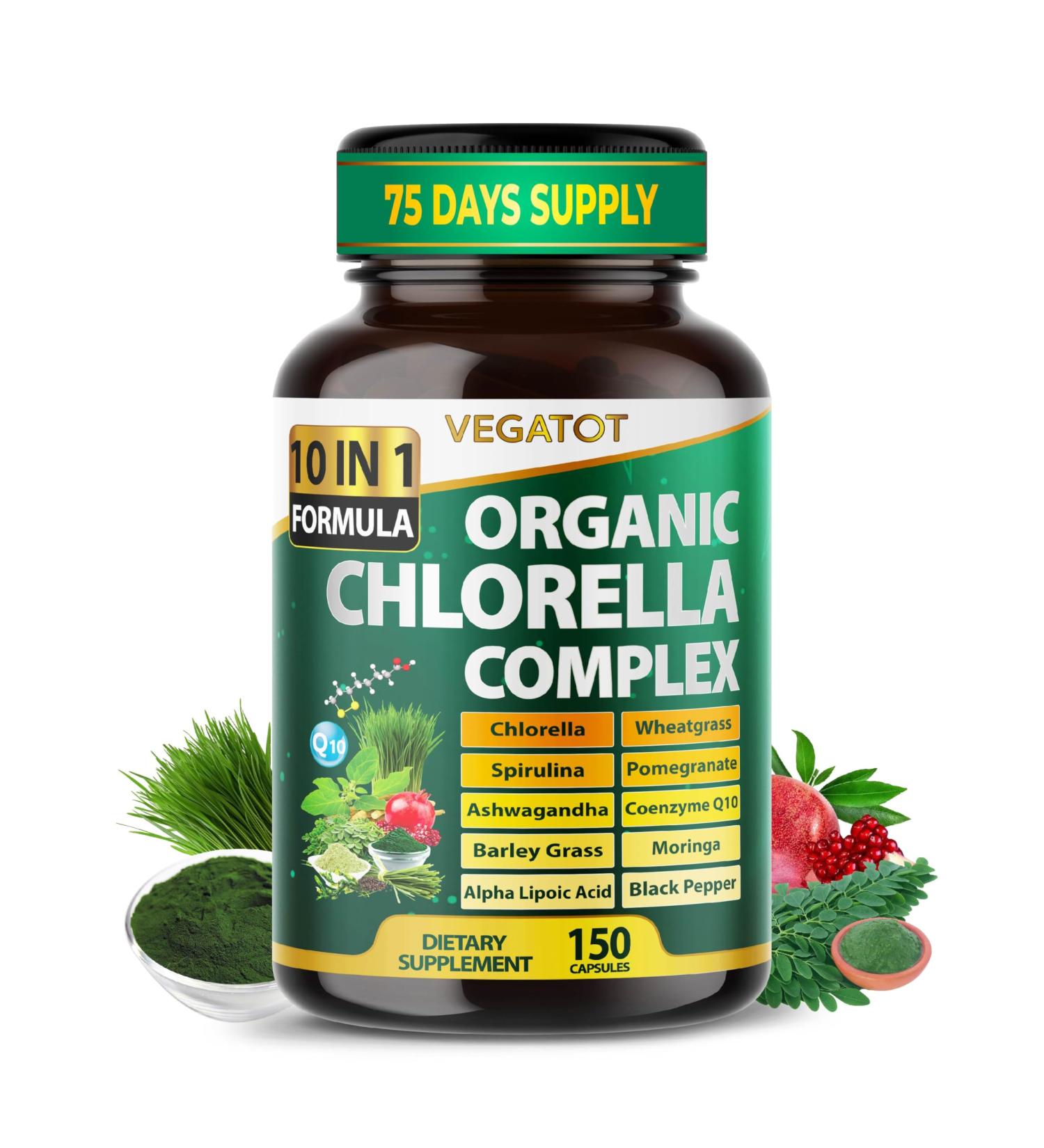 Premium Organic Chlorella Complex 10-in-1 Formula with Spirulina, Wheatgrass, Moringa, CoQ10 & Ashwagandha Supports Natural Energy & Antioxidant Balance 150 Capsules 150 count (pack of 1) - Buy Online on GoSupps.com
