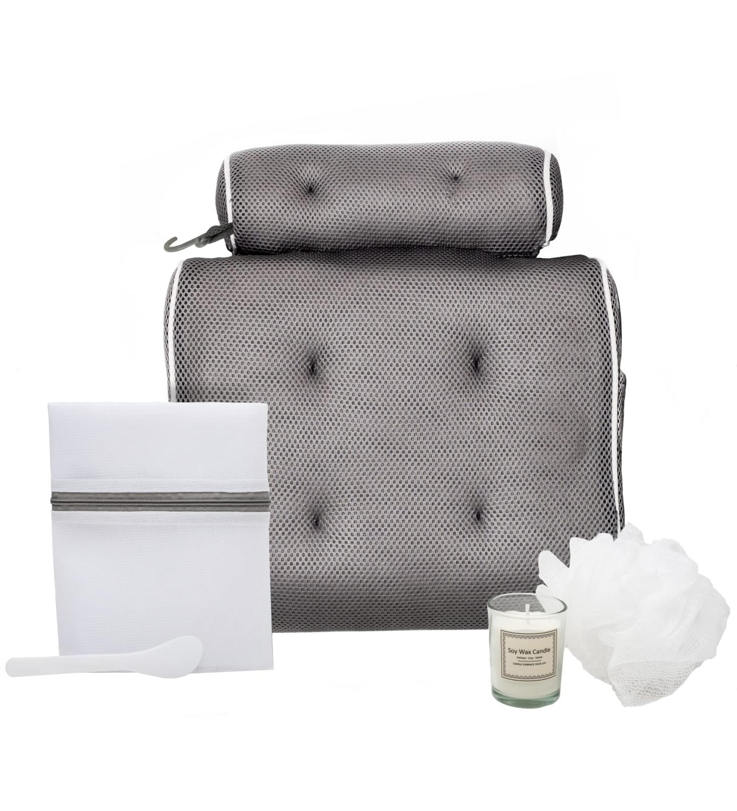 Luxury Bath Pillows Set with Soy Wax Candle, Loofa, Laundry Bag & Suction Tool - Grey - Buy Online on GoSupps.com