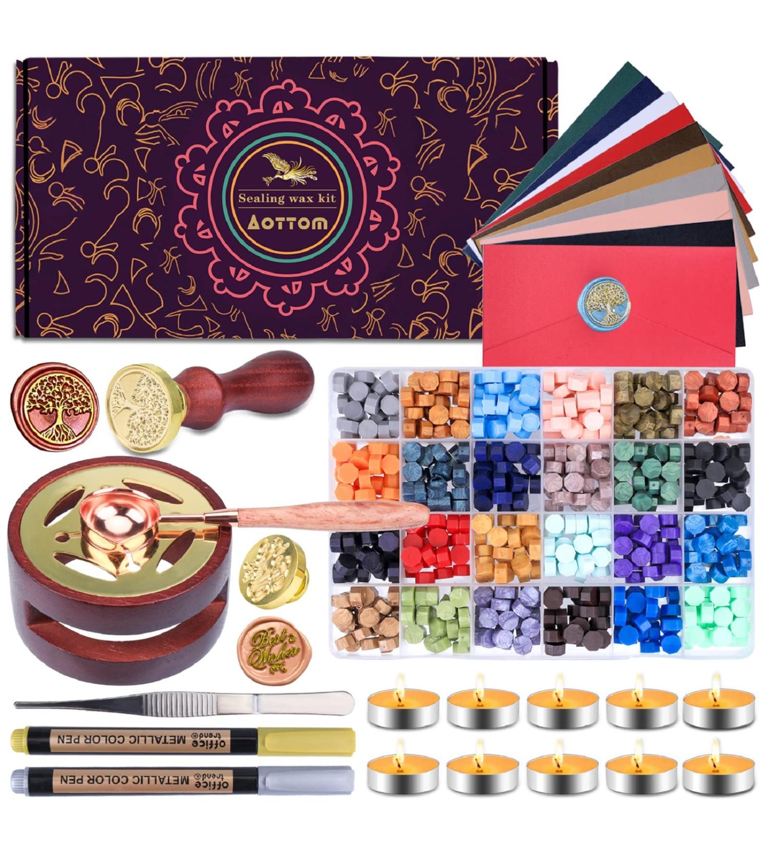Wax Seal Stamp Kit with Gift Box - Aottom Wax Letter Seal Kit with 24 Colors, 650 Pcs Beads, Warmer, Envelopes, Candles, Stamp & Pen - Ideal for Gifting and Decoration - Buy Online on GoSupps.com