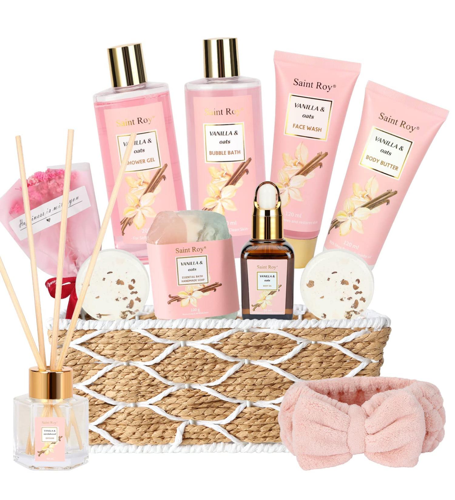 Vanilla Oat Spa Gift Basket - 14 Piece Bath Set for Women with Enriched Shea Butter - Shower Gel, Body Oil, Diffuser, Shower Steamer & More | Perfect Home Spa Gift for Mom - Buy Online on GoSupps.com