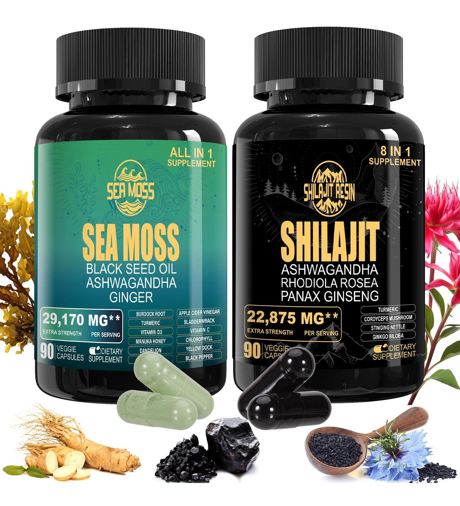 Geloo Superfood Supplement Bundle - 90 Count Sea Moss Capsules (Sea Moss Black Seed Oil) & 90 Count Pure Shilajit Capsules (Shilajit Ashwagandha) -1 Pack - Buy Online on GoSupps.com