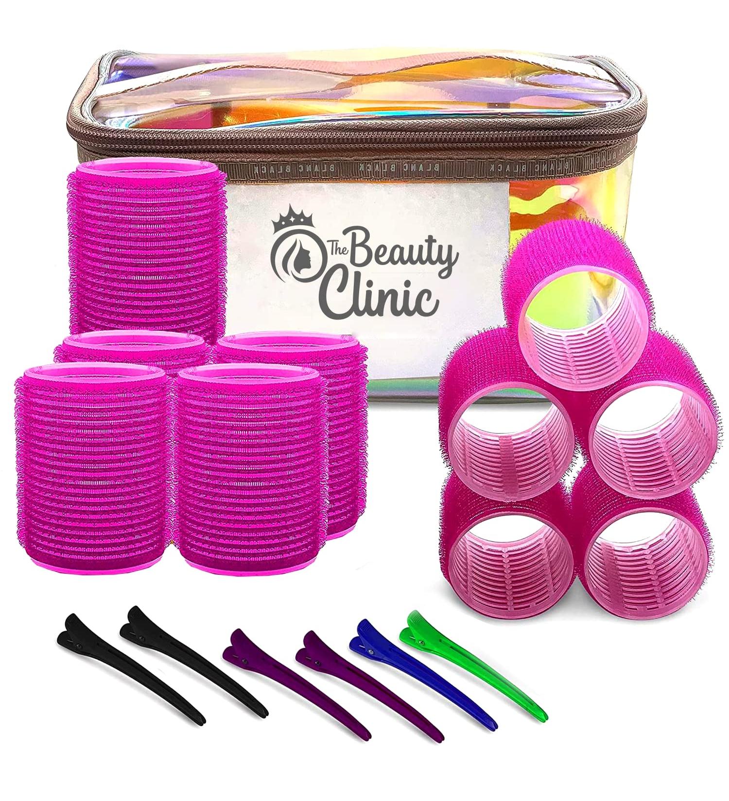 The Beauty Clinic Velcro Rollers for Hair - 10 PCS Self Grip Hair Roller 44mm by 48mm with 6 Duckbill Sectioning Clips Hairdressing Curlers And Self Holding DIY Roller Storage Bag Pink - Buy Online on GoSupps.com