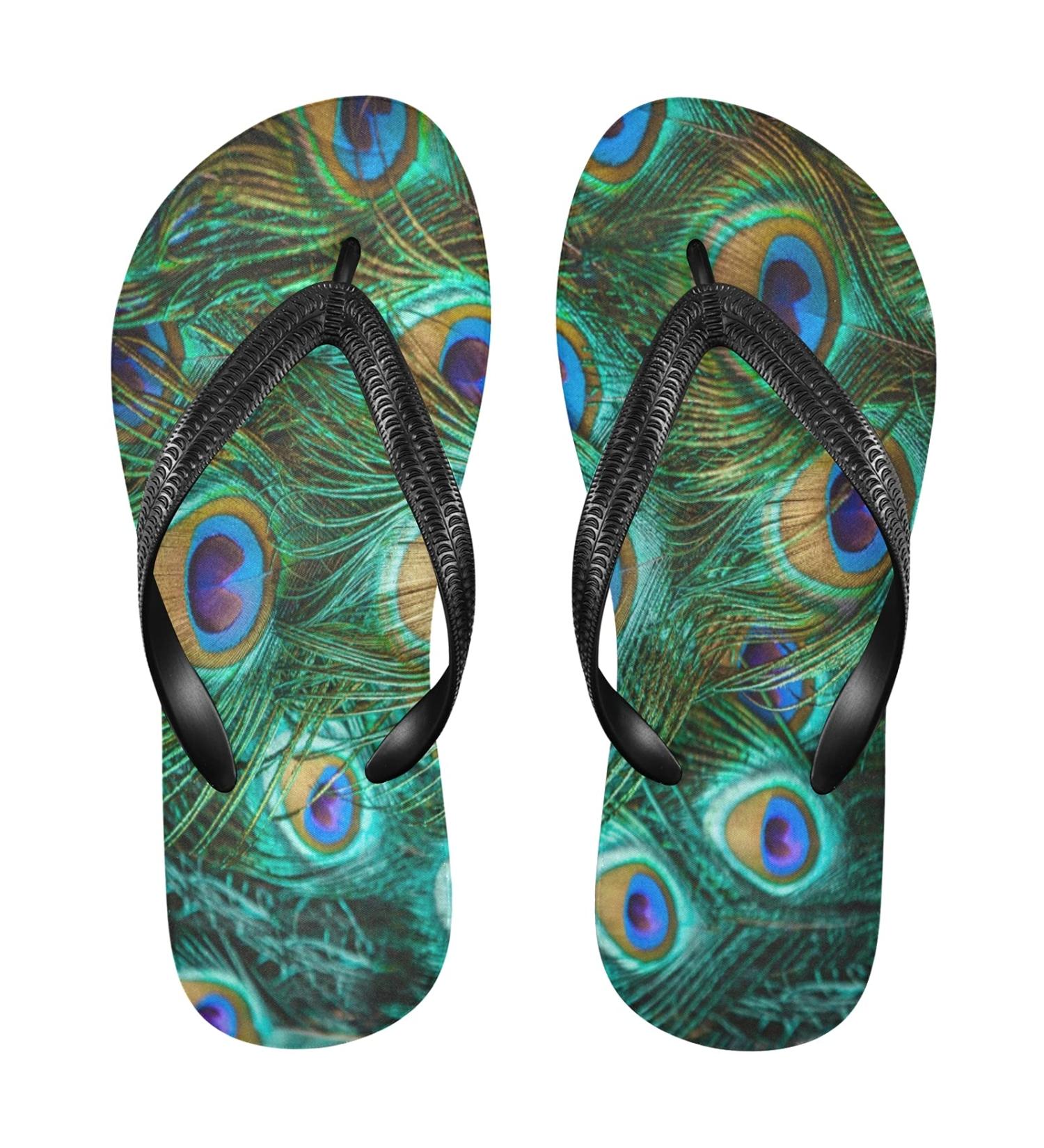 Mnsruu Peacock Feather Flip Flops - Vibrant Blue/Green Sandals for Stylish Comfort | International Shipping Available - Buy Online on GoSupps.com