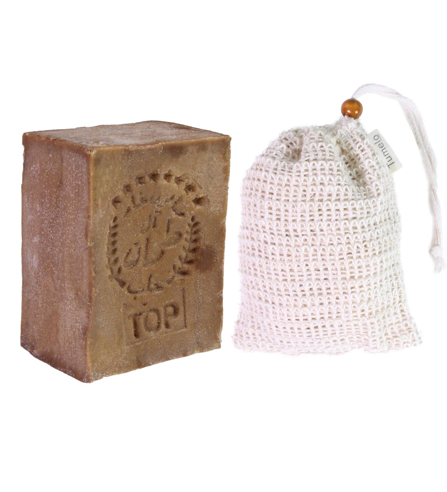 TUMELO Original Aleppo Soap 200g 70% Olive Oil 30% Laurel Oil + Soap Pouch - Handmade Olive Oil Soap - Natural Soap - Solid Hair Soap/Shower Soap - Buy Online on GoSupps.com