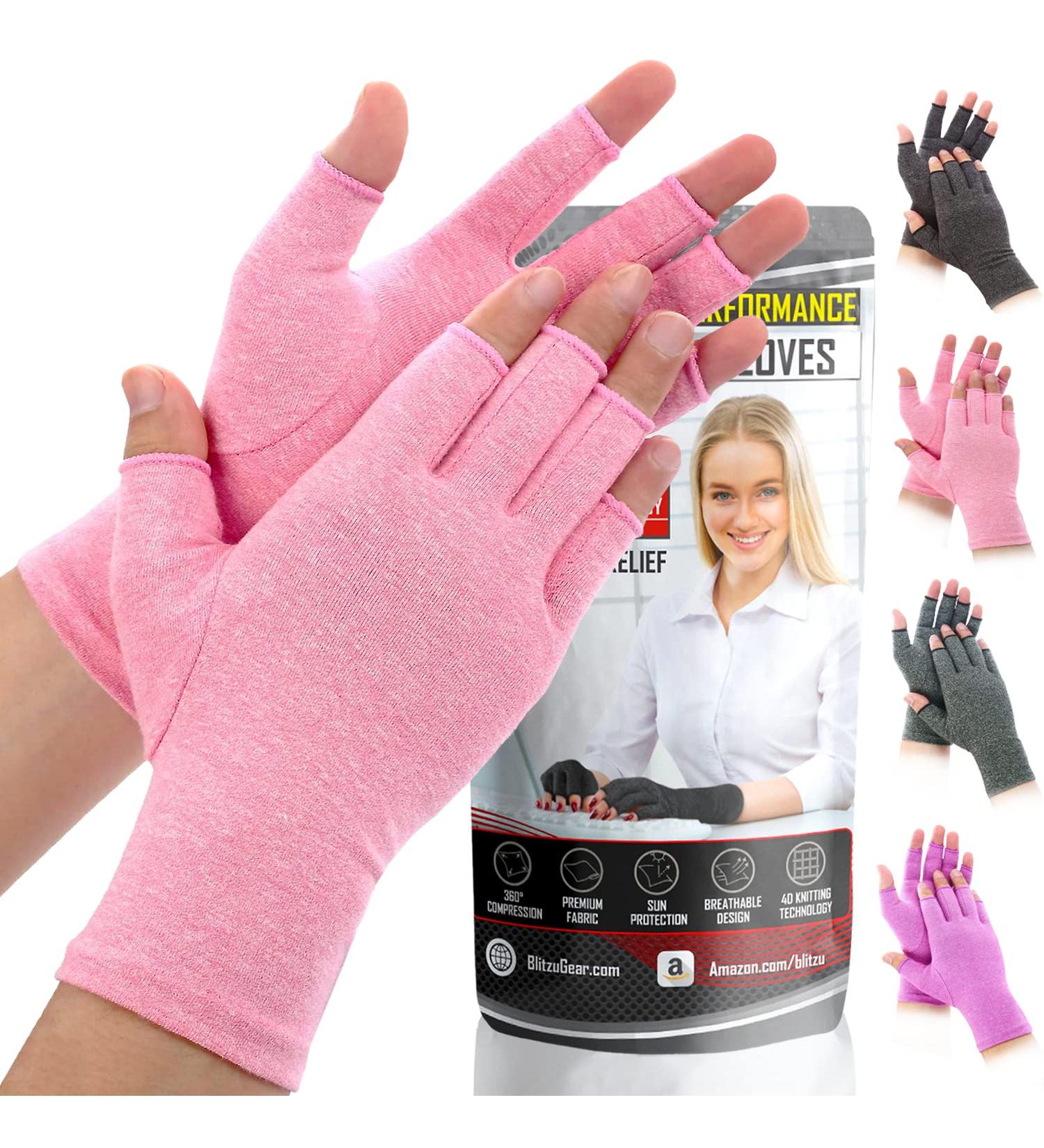 BLITZU Copper Massage Gloves for Women - Pink, Medium - Compression Half Finger Gloves for Arthritis and Carpal Tunnel Relief - Buy Online on GoSupps.com