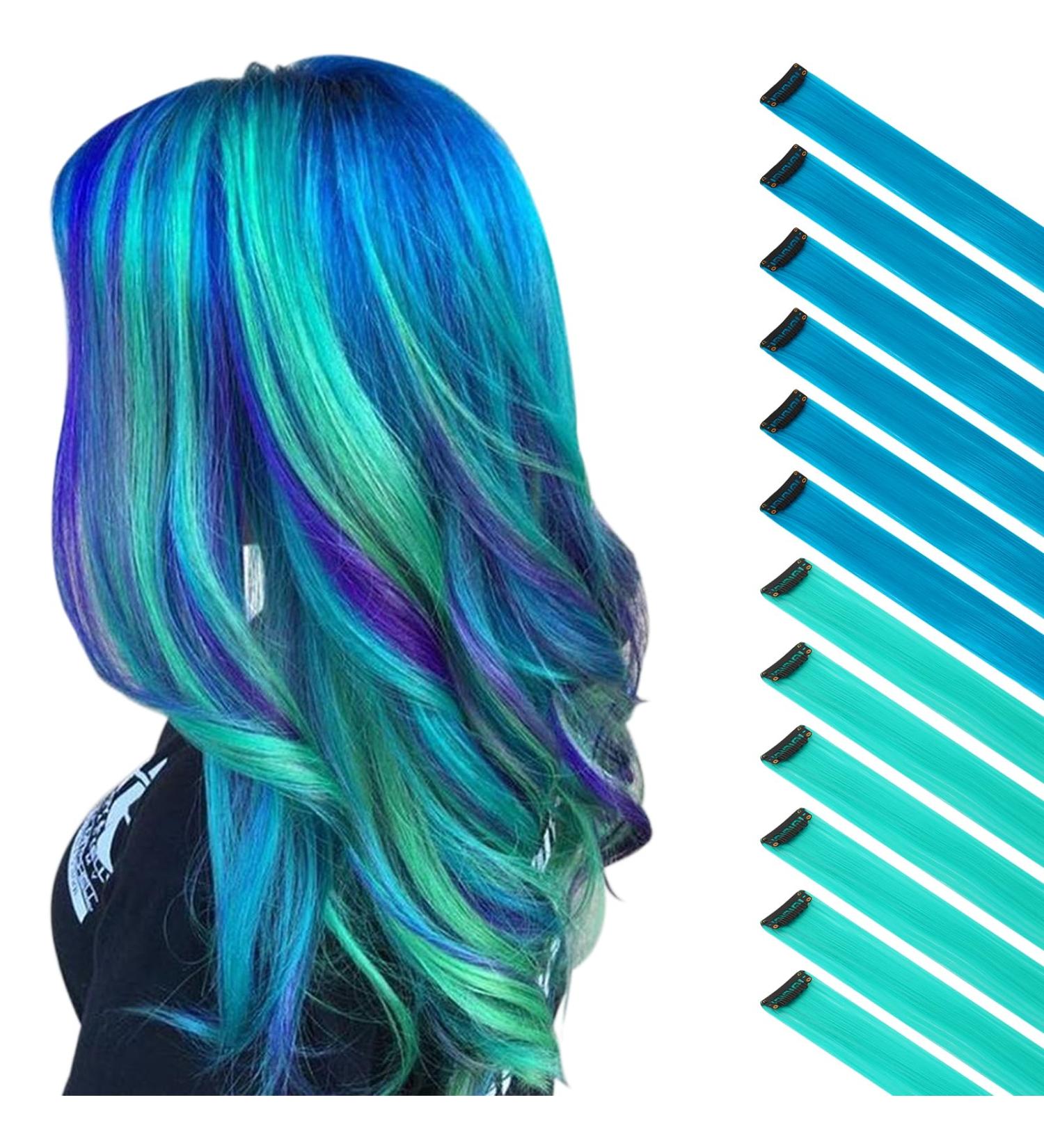 Buy 12 PCs Blue-Green Synthetic Hair Extensions - Colorful Clip-In Party Highlights for Women | 55cm Smooth & Easy to Use - Buy Online on GoSupps.com