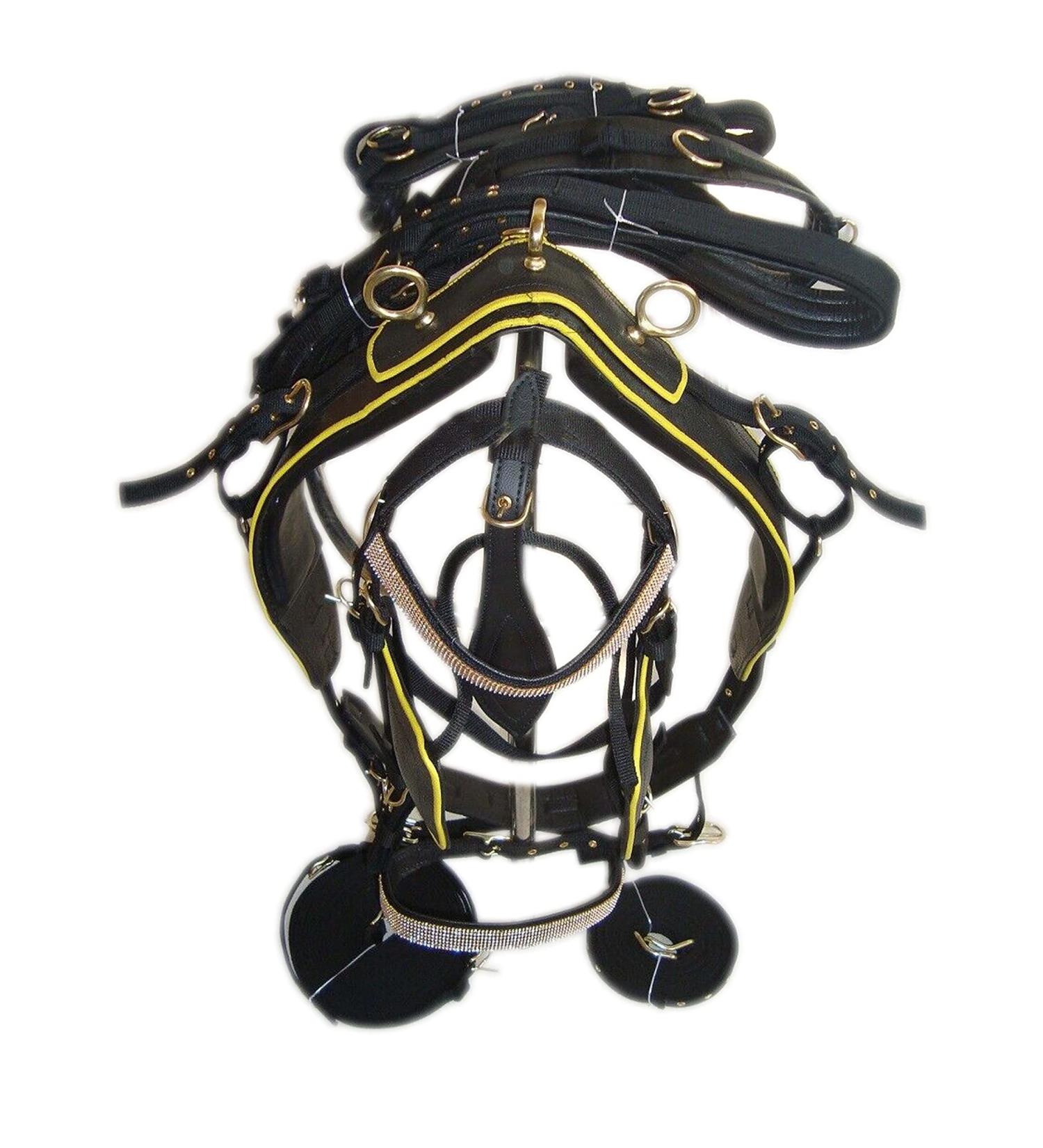 SHOWMEN CRAFT Black Synthetic Nylon Horse Harness with Yellow Piepin for Shetland - International Shipping Available - Buy Online on GoSupps.com