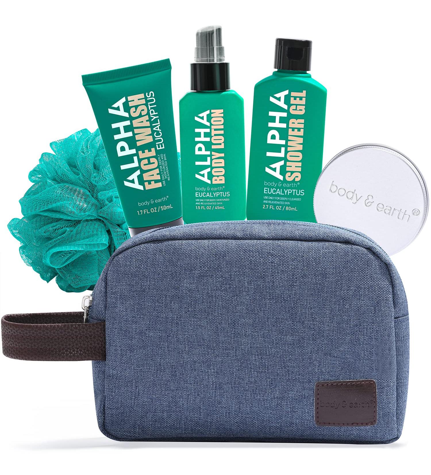 Mens Spa Gift Set with Eucalyptus Scent - 6 Piece Bath Set for Men - Shower Gel, Body Lotion, Shampoo Bar, Face Wash - Perfect Birthday Gift for Men - Travel Bag Included - Buy Online on GoSupps.com