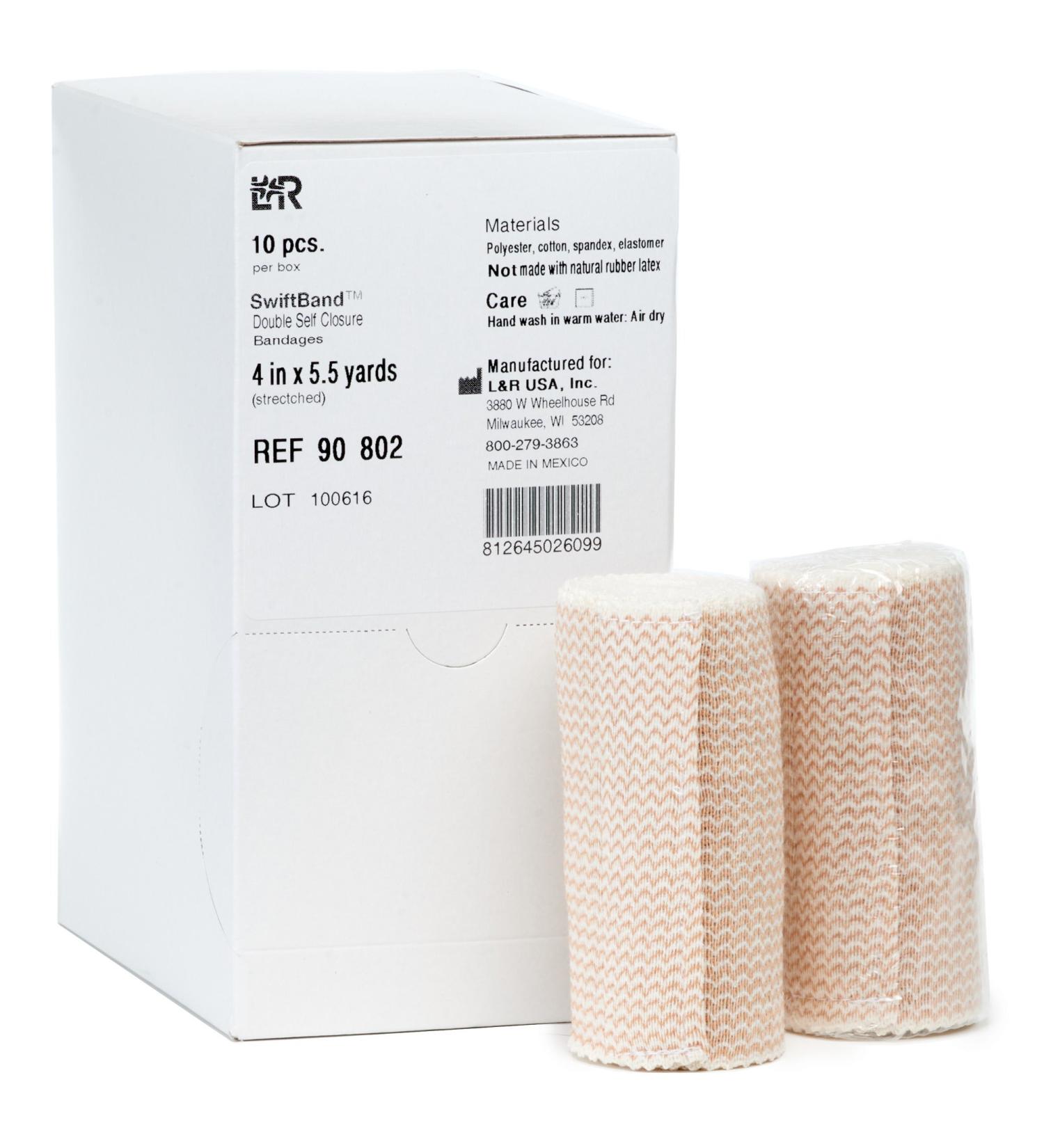 Swiftband Elastic Bandages, Double Self Closure Compression Wrap with Hook & Loop, Easy to Apply Wrapping for Swelling & Lymphedema, Washable & Latex Free 4" x 5.5 Yard Roll (Strectched), Box of 10 4" x 5.5 Yards