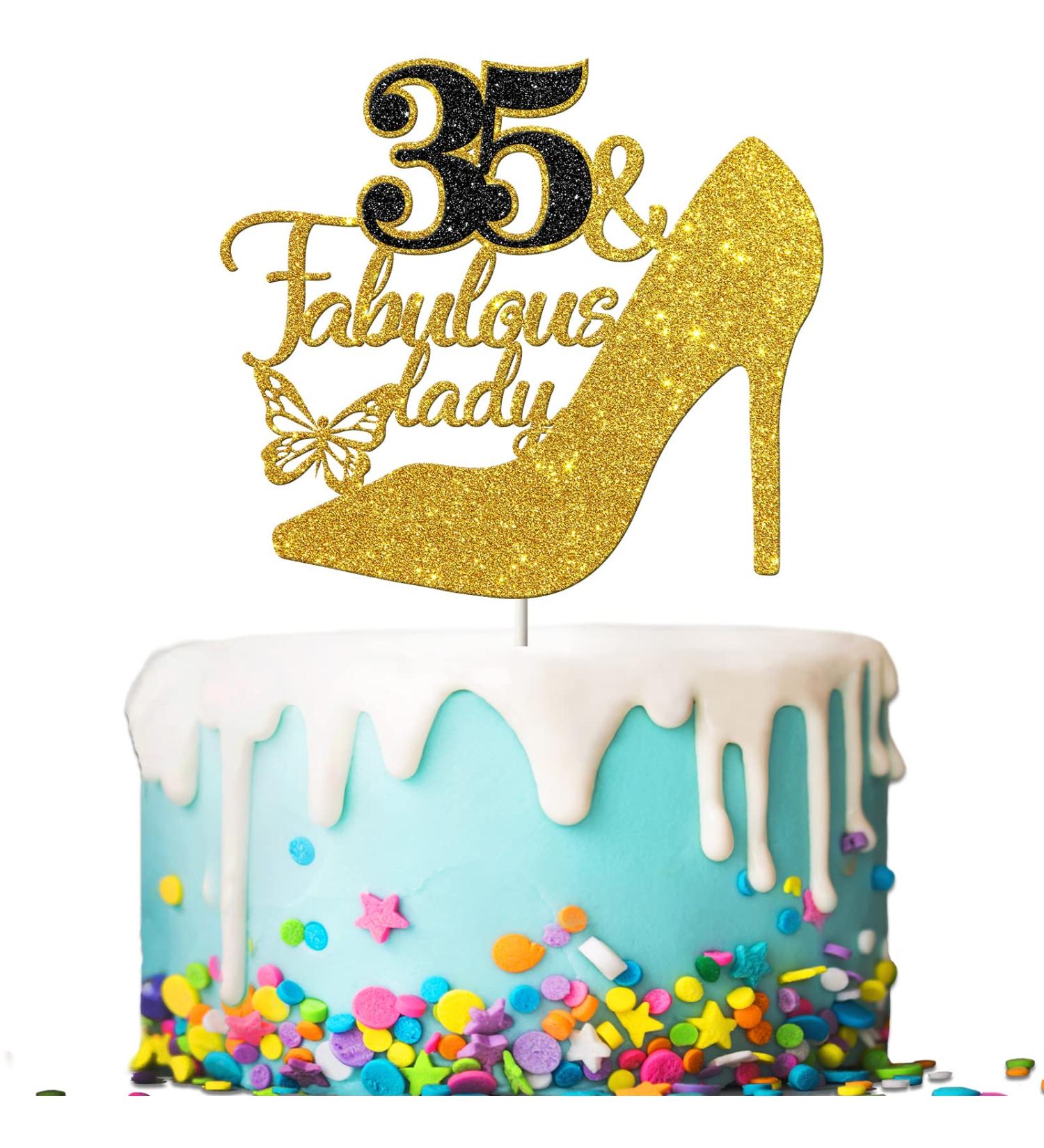 Tenhaisi Black Golden Glitter 35 & Fabulous Lady Cake Topper Happy 35th Birthday Party Decoration for Women - Talk 35 to Me - Cheers to 35 Years Wedding Anniversary Party Supplies - Buy Online on GoSupps.com