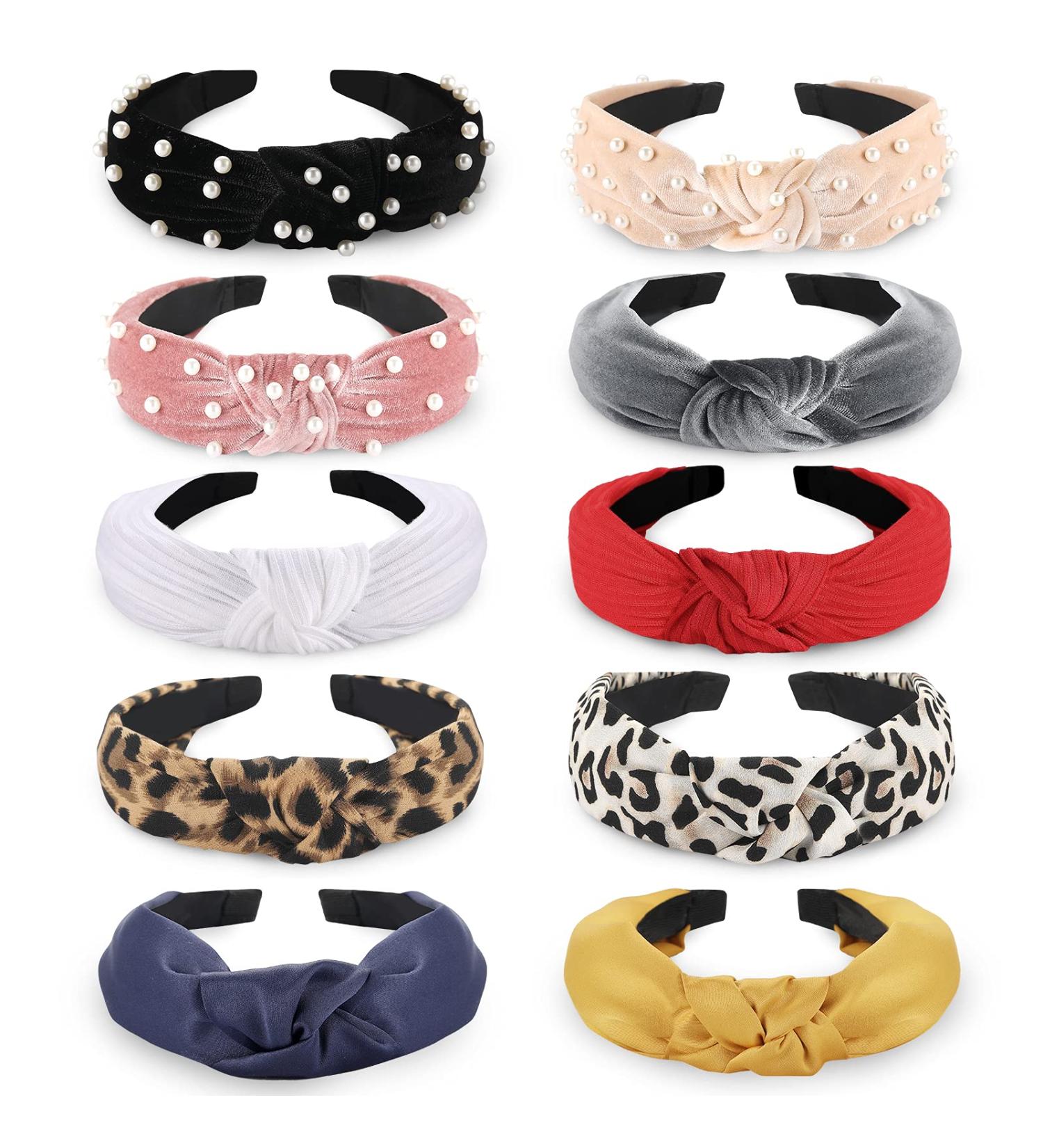 Funtopia 10-Piece Fashion Headbands for Women & Girls | Knotted Pearl Wide Top Knot Turban Hair Bands | Vintage Velvet & Leopard Print Hoops - Buy Online on GoSupps.com