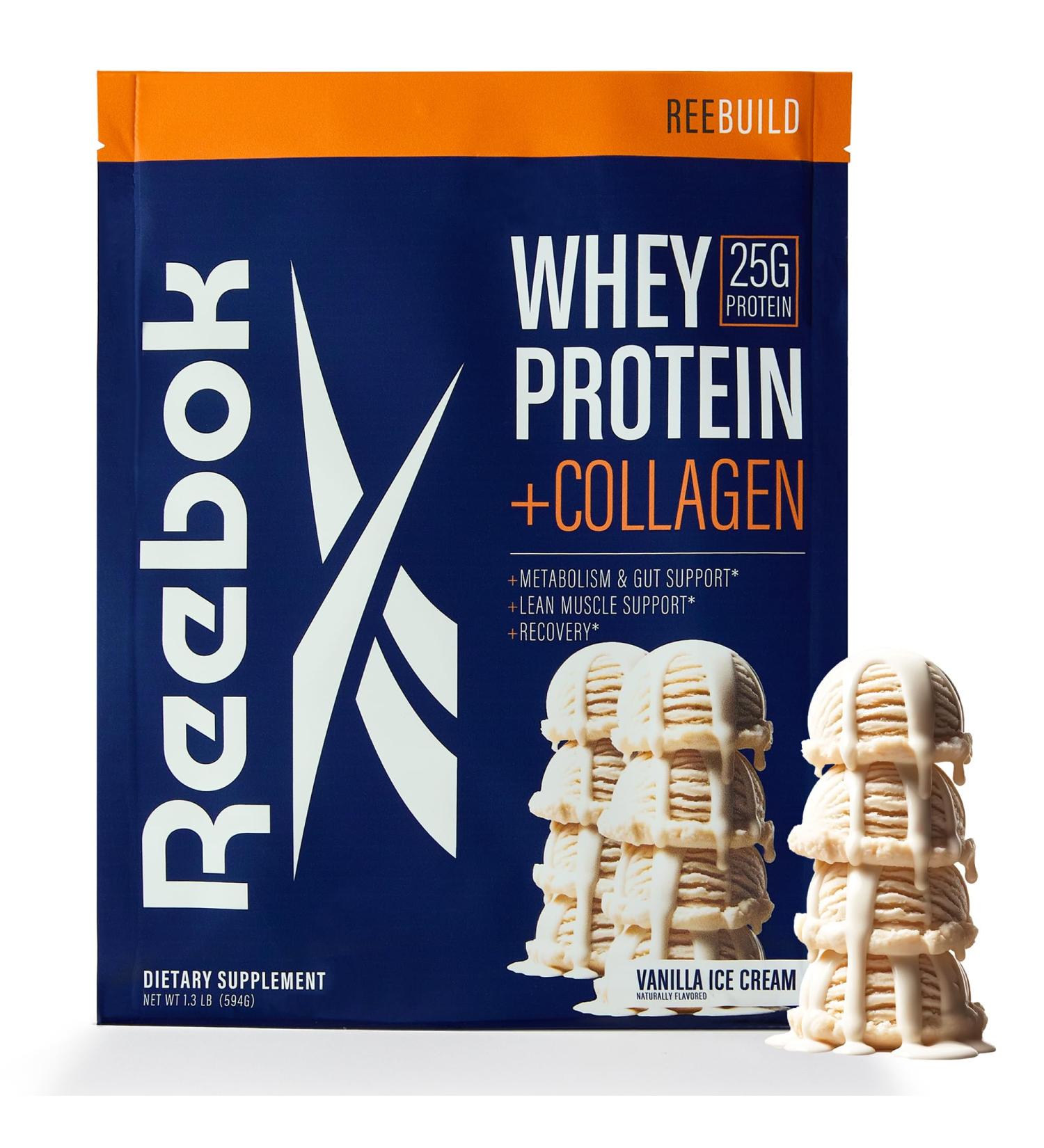 Reebok Whey Protein Powder + Collagen Peptides | 25g Protein with 9 Essential Amino Acids | Muscle Recovery Joint & Gut Support | Informed-Sport Certified | ReeBuild Vanilla Ice Cream Flavor 1.3 lb - Buy Online on GoSupps.com