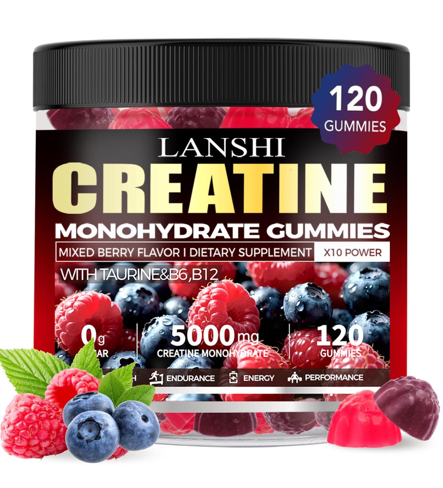Creatine Monohydrate Gummies 5000mg - Sugar Free Pre Workout Supplement for Men & Women Creatine Gummies for Muscle Strength Recovery Cognitive Health & Memory Mixed Berry Flavor 120 Count - Buy Online on GoSupps.com