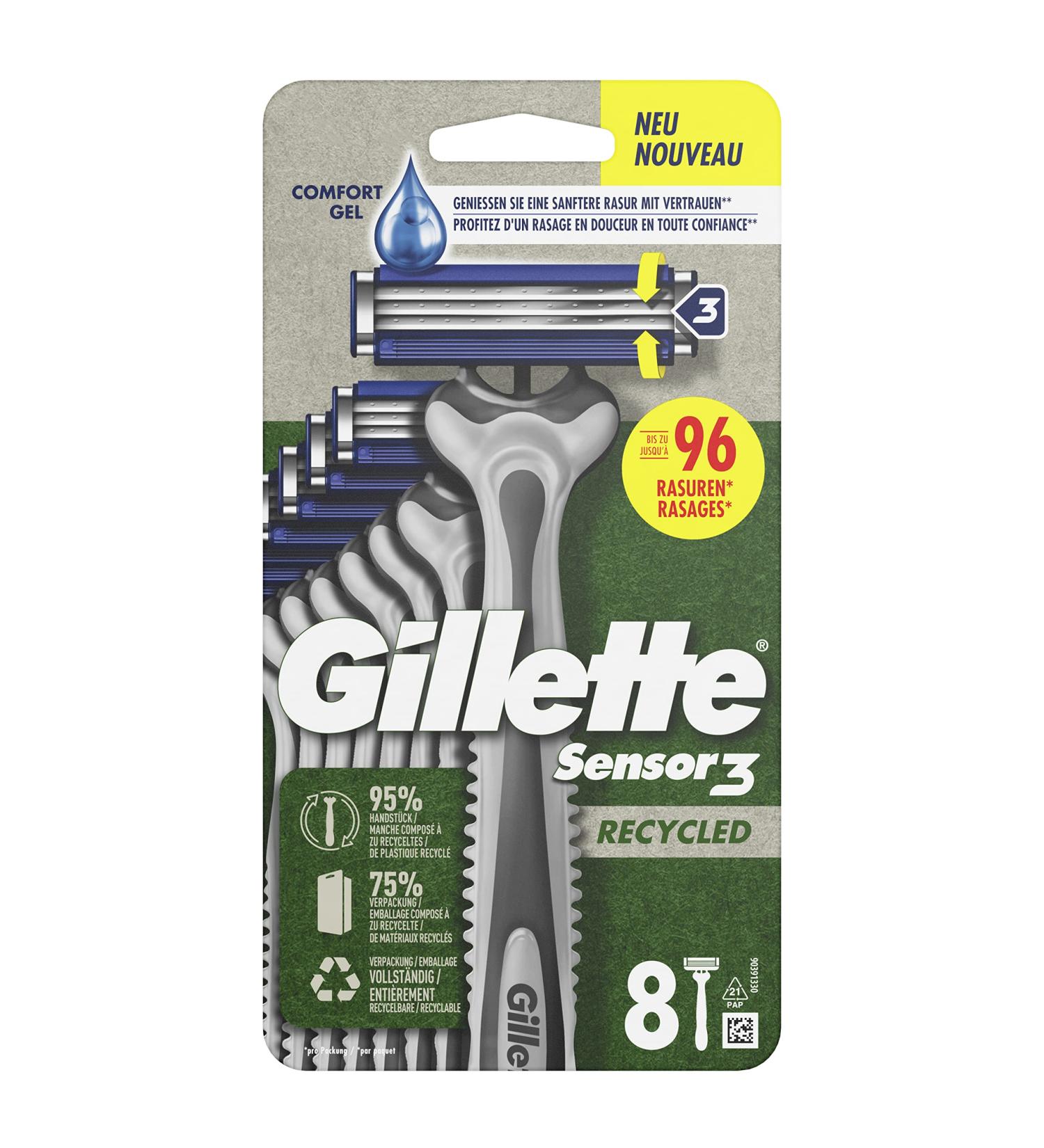 Buy Gillette Sensor3 Recycled Disposable Razors - 8 Pack | Eco-Friendly Wet Razors with 3-Fold Blades | 95% Recycled Plastic - Buy Online on GoSupps.com