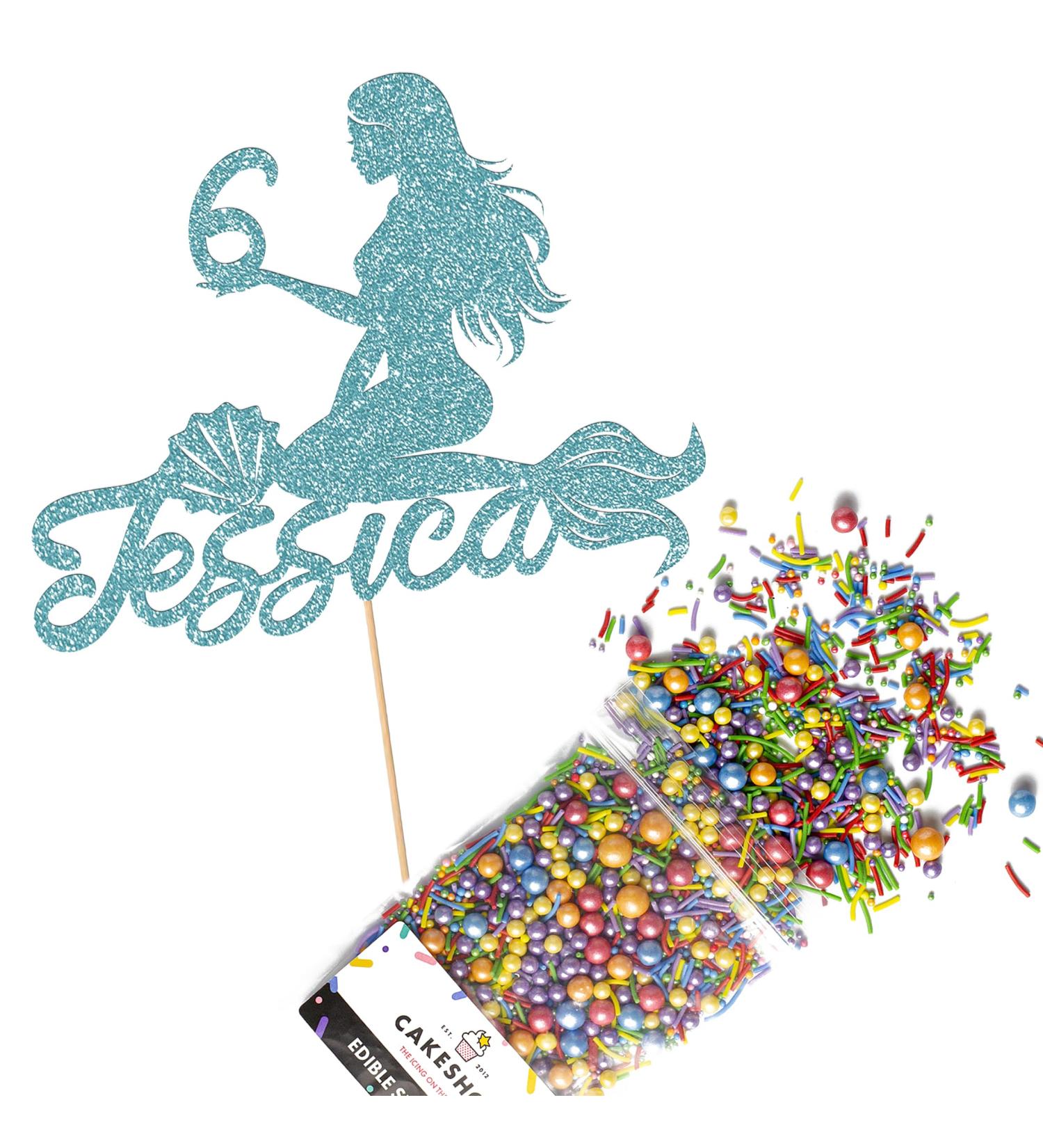 Cakeshop Cake Decoration Pack | Mermaid Happy Birthday Premium Double Sided Glitter Card Cake Topper & 25g Party Pack of Cake Sugar Sprinkles | Custom Name & Age Cake Decorations (Baby Blue) Non-Prime Glitter Card: Baby Blue - Buy Online on GoSupps.com