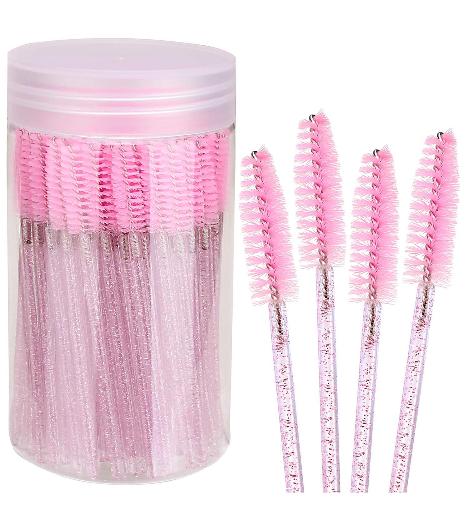 Elisel 100pcs Disposable Mascara Brushes with Container - Makeup Applicators for Eyelash Extensions and Eyebrow Brush - Crystal Pink - Buy Online on GoSupps.com