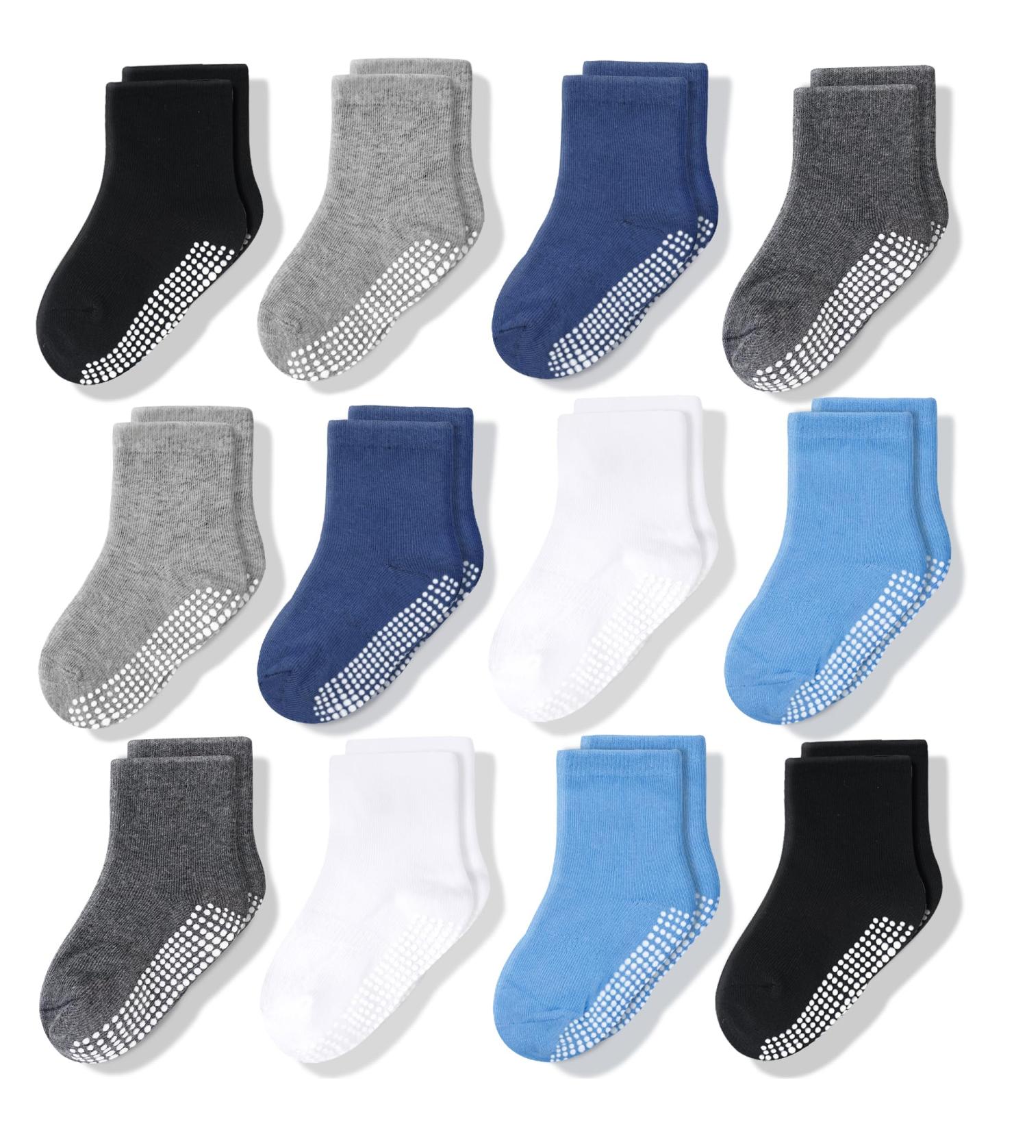 CozyWay Kids Non Slip Cotton Crew Socks - 12 Pairs, 6-12 Months, Boys Solid Colors with Dark Grey - Anti Skid Toddler Socks for Children Boys & Girls - Buy Online on GoSupps.com