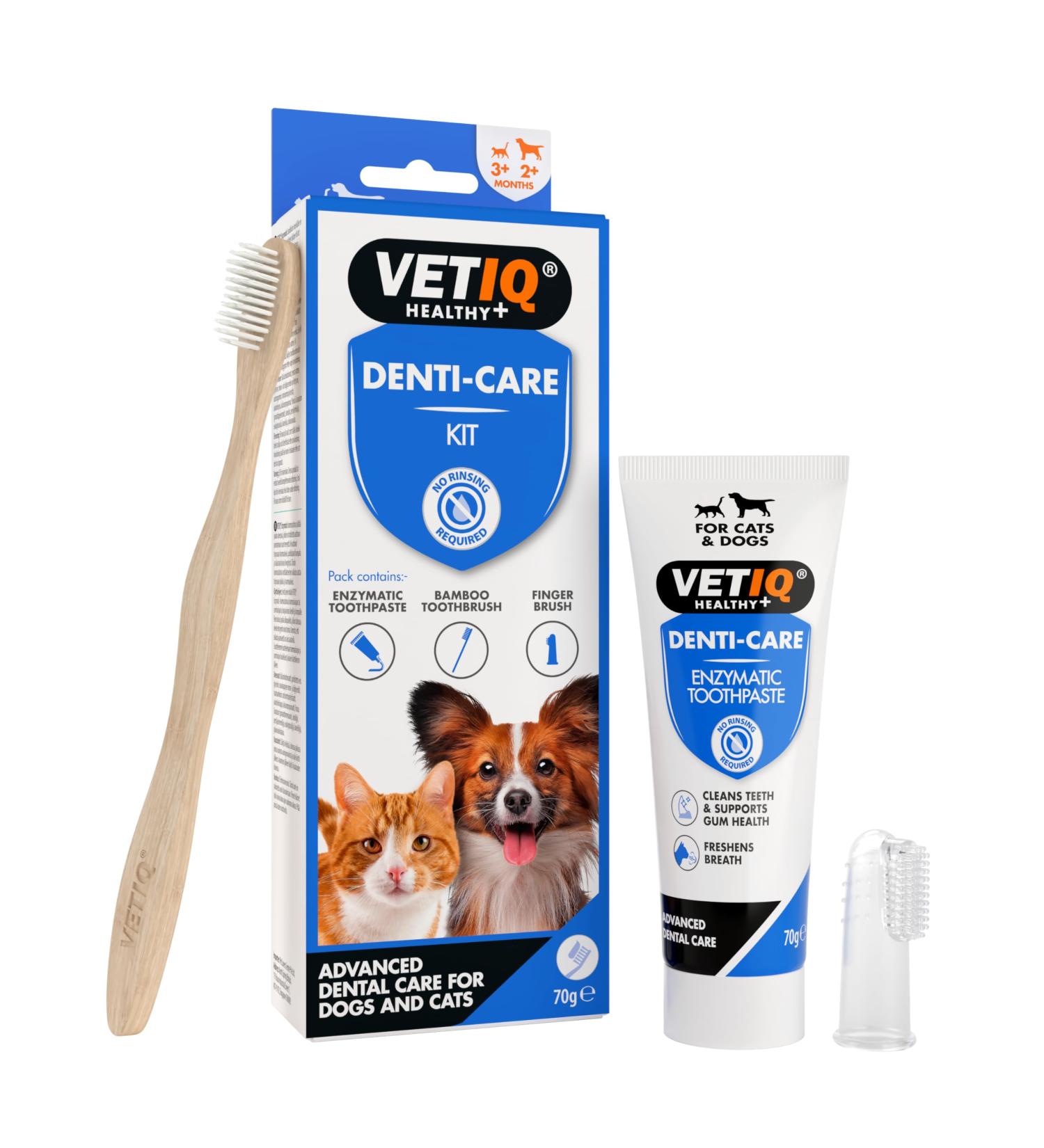 VETIQ Denti-Care Kit: Enzymatic Toothpaste for Dogs and Cats - Fight Tartar & Plaque with Bamboo Toothbrush and Finger Sleeve - Buy Online on GoSupps.com