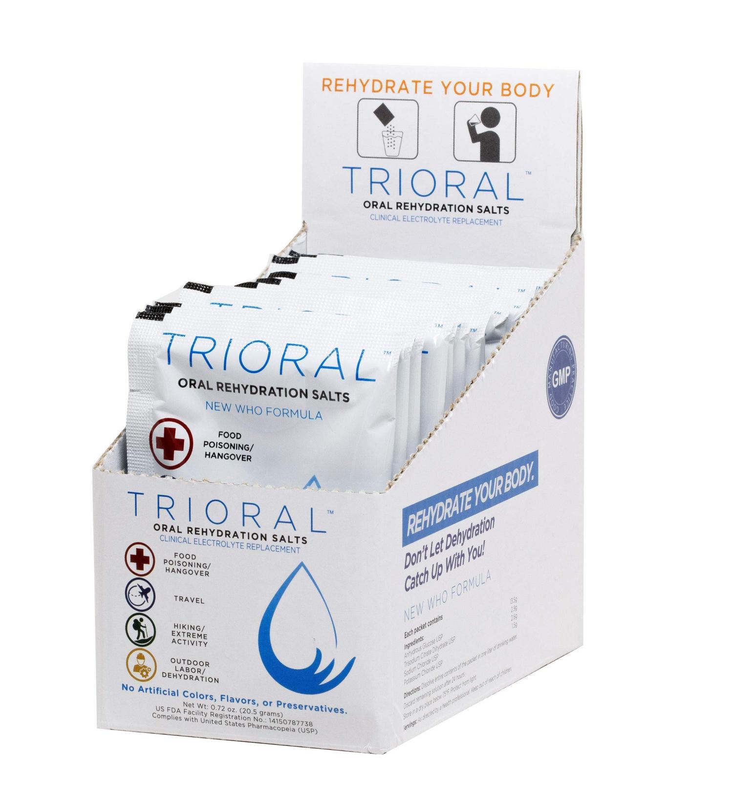 TRIORAL Oral Rehydration Salts ORS - 15 One Liter Packets, WHO New Formula - Electrolyte Replacement for Food Poisoning, Hangovers, Diarrhea - Buy Online on GoSupps.com