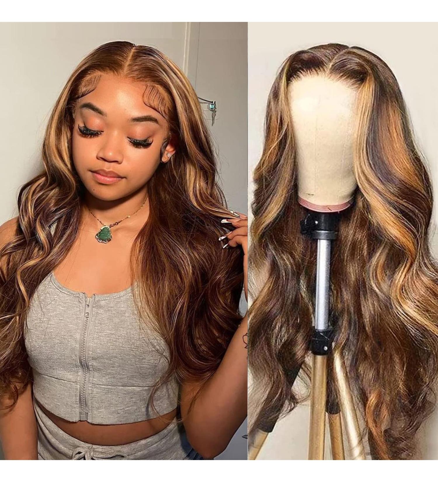Ombre 4/27 Honey Blonde Lace Front Wig 18 Body Wave 150% Density Pre Plucked for Black Women - Buy Online on GoSupps.com