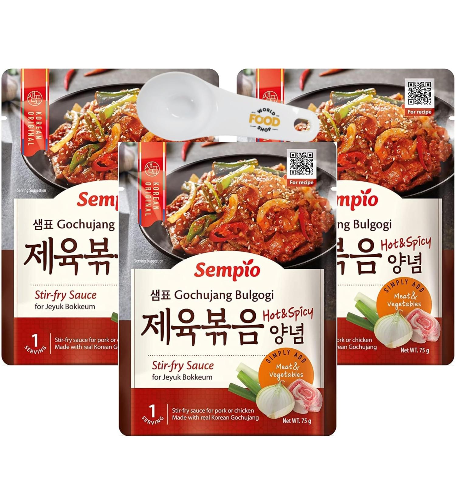 Sempio Gochujang Bulgogi Sauce 75g Pack of 3 with World Food Shop Scoop - Korean Marinade for Grilling Stir-Frying and Dipping - Spicy Sweet and Savoury Flavours - Buy Online on GoSupps.com