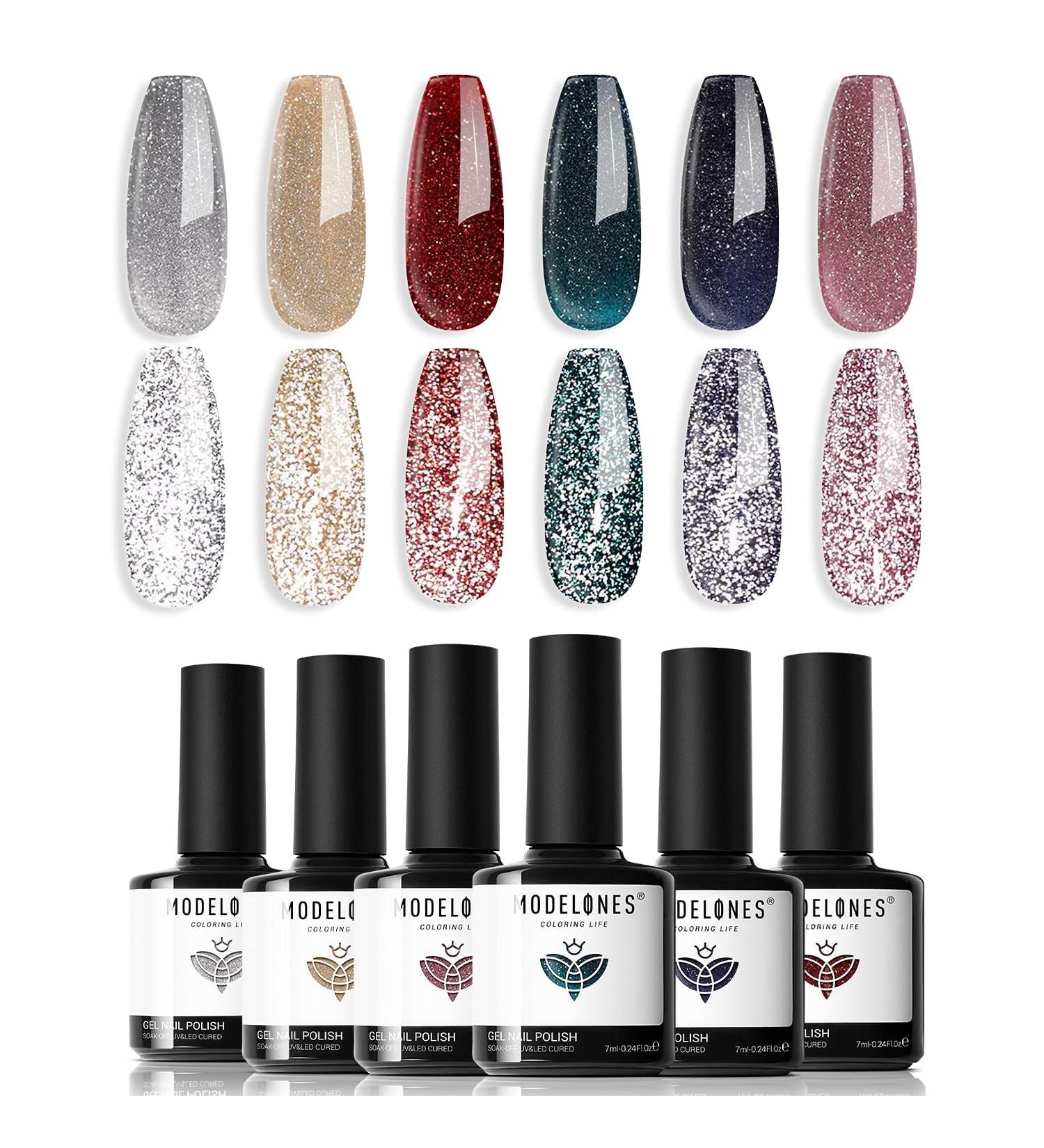 Modelones Reflective Glitter Gel Nail Polish Set 6 Colors Pink Red Black Silver Shimmer Sparkle Gel Polish Collection Kit LED Soak Off Nail Polish Manicure Art Gel Kit Home DIY Nail Salon - Buy Online on GoSupps.com