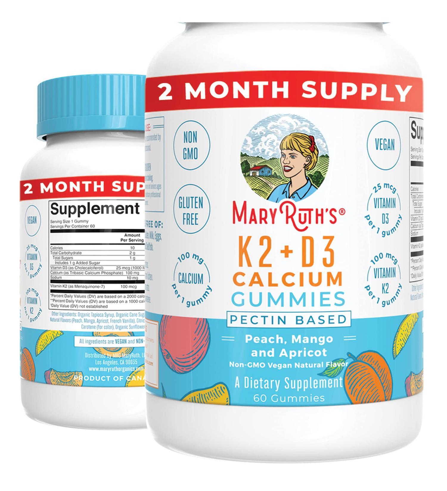 MaryRuth Organics Calcium with Vitamin D3 & K2 - 60 Gummies | Bone Support Supplement | Vegan, Non-GMO, Gluten Free | 2 Month Supply - Buy Online on GoSupps.com