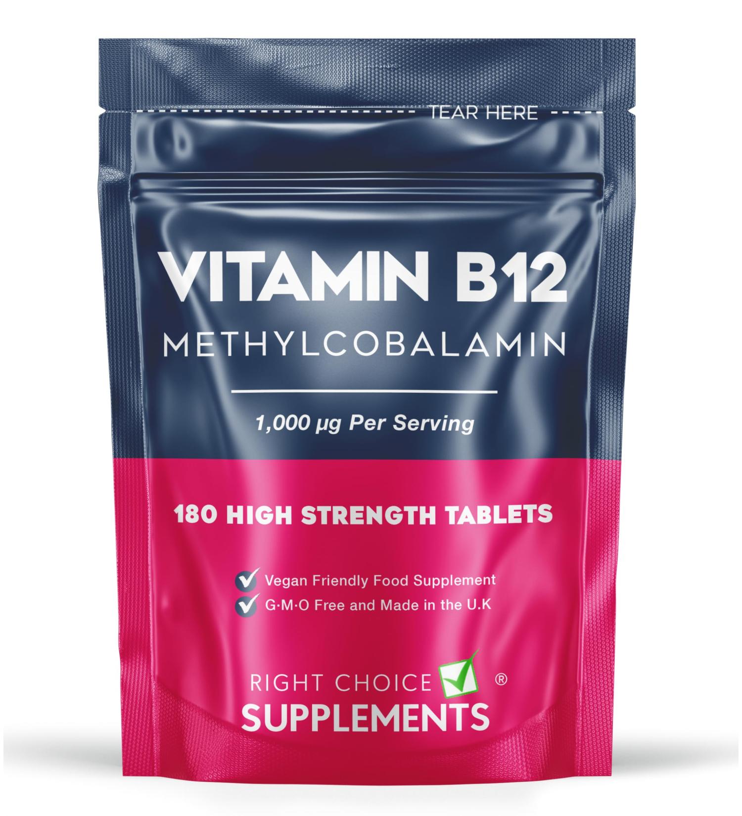 High Strength 1000mcg Vitamin B12 Tablets - Pure Methylcobalamin Supplement for Energy Support - UK Vegan Friendly - 180 Tablets - Buy Online on GoSupps.com