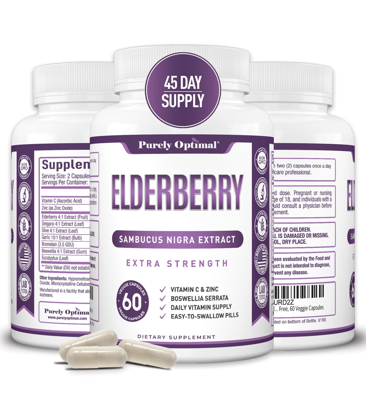 Purely Optimal Elderberry Capsules - Premium Quality Sambucus Nigra Extract Supplement - Naturally Sourced Immune Function Support - Non-GMO Gluten Free Vegan Friendly - 60 Capsules 60 Count (Pack of 1) - Buy Online on GoSupps.com