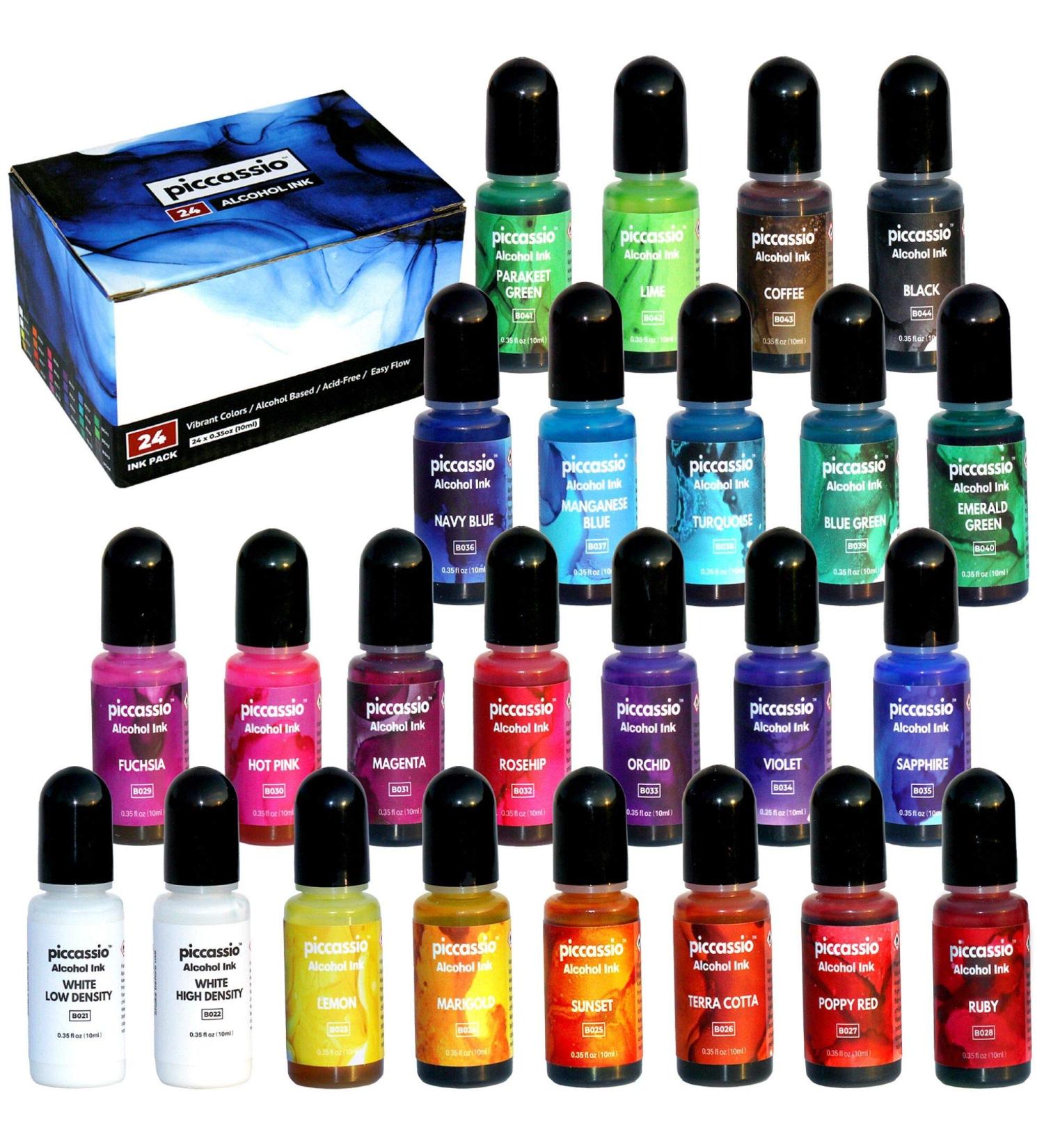 24-Piece Alcohol Ink Set - Highly Saturated, Acid-Free & Fast-Drying Inks for Tumblers, Resin Art, Glass & Metal - Buy Online on GoSupps.com