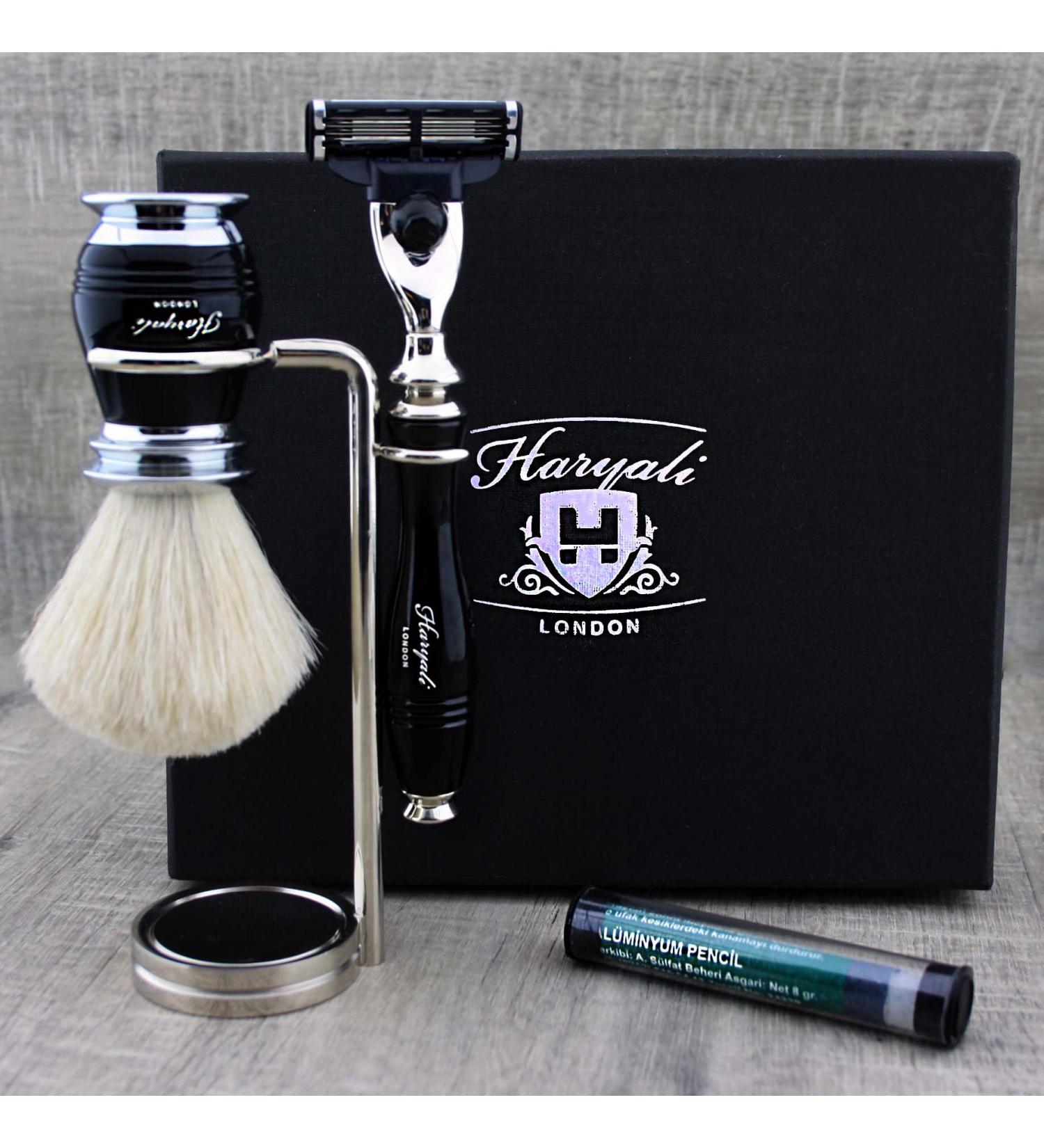 Haryali London 4-Part Men's Shaving Set | Premium Razor Blades Pure White Roof Hair Brush Stand & Alum | Perfect Gift for Men - Shop Internationally! - Buy Online on GoSupps.com