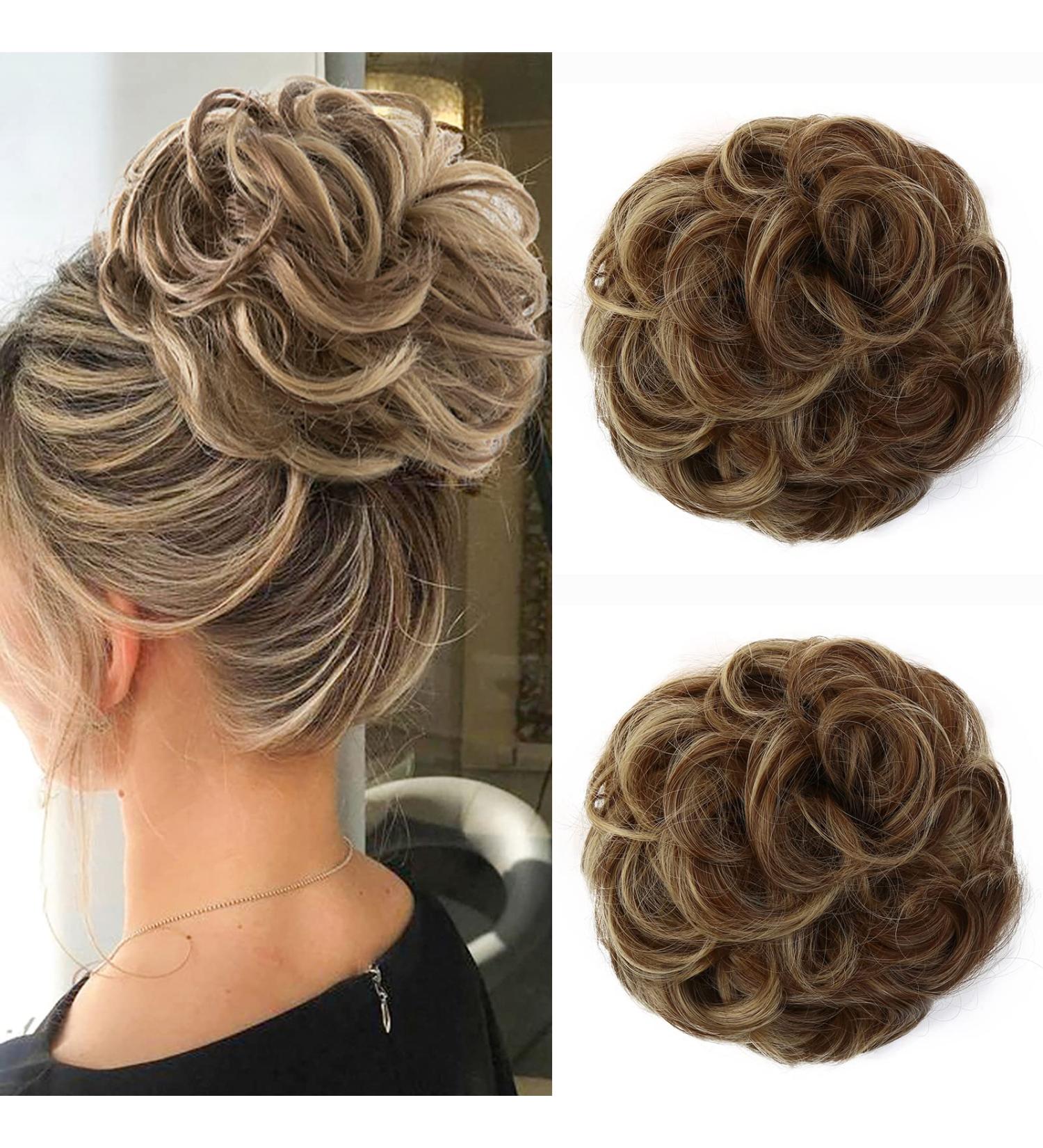 JJstar 2PCS Messy Bun Hair Pieces - Curly Fake Hair Buns for Women - High Heat Resistant Synthetic Fiber Scrunchies - Brunette/Ash Blonde - Buy Online on GoSupps.com