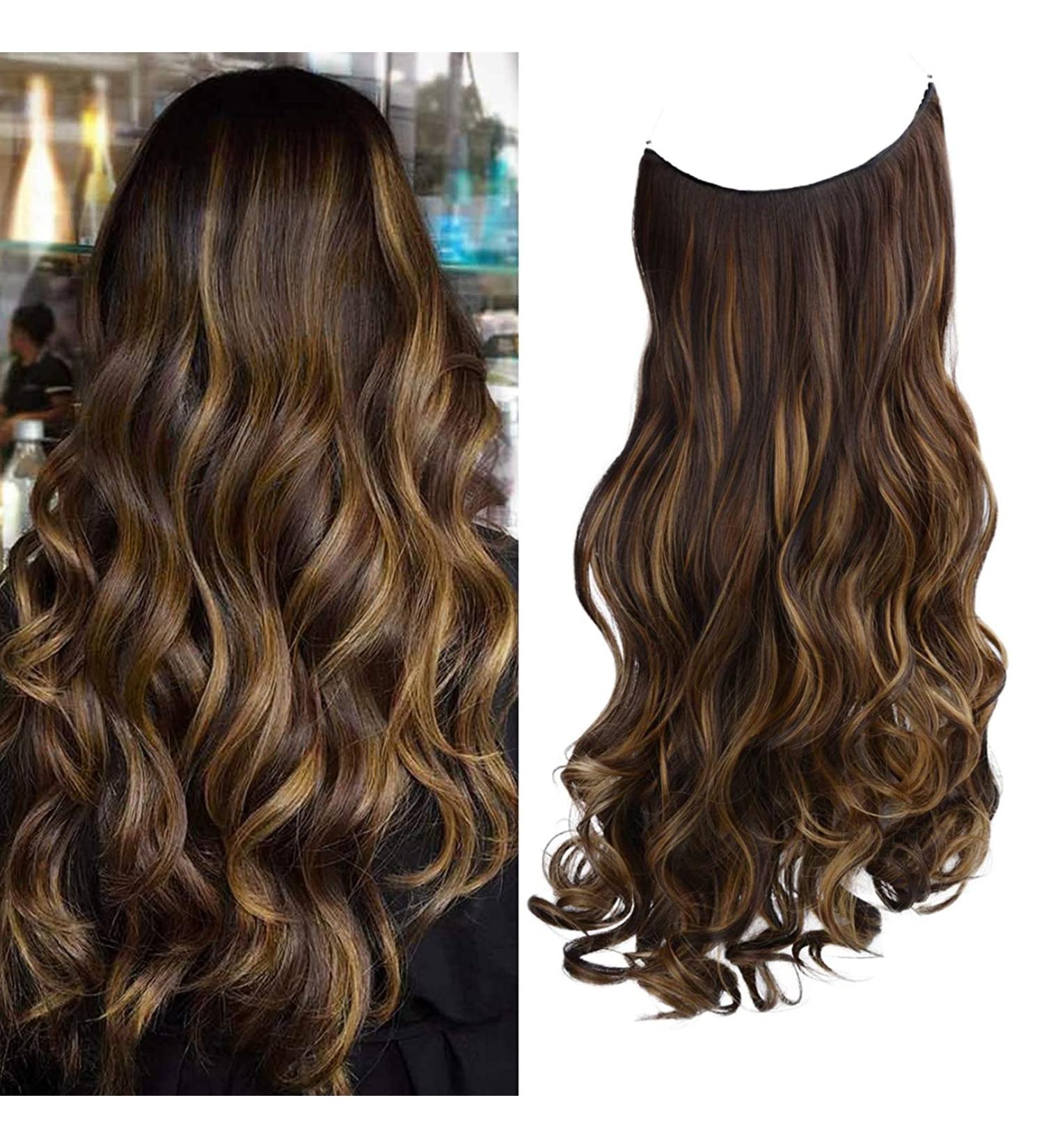REECHO Invisible Wire Hair Extensions 20 Inch- Chestnut Brown with Blonde Highlights | Adjustable Size, Removable Clips, Curly Wavy Secret Hairpiece for Women - Buy Online on GoSupps.com