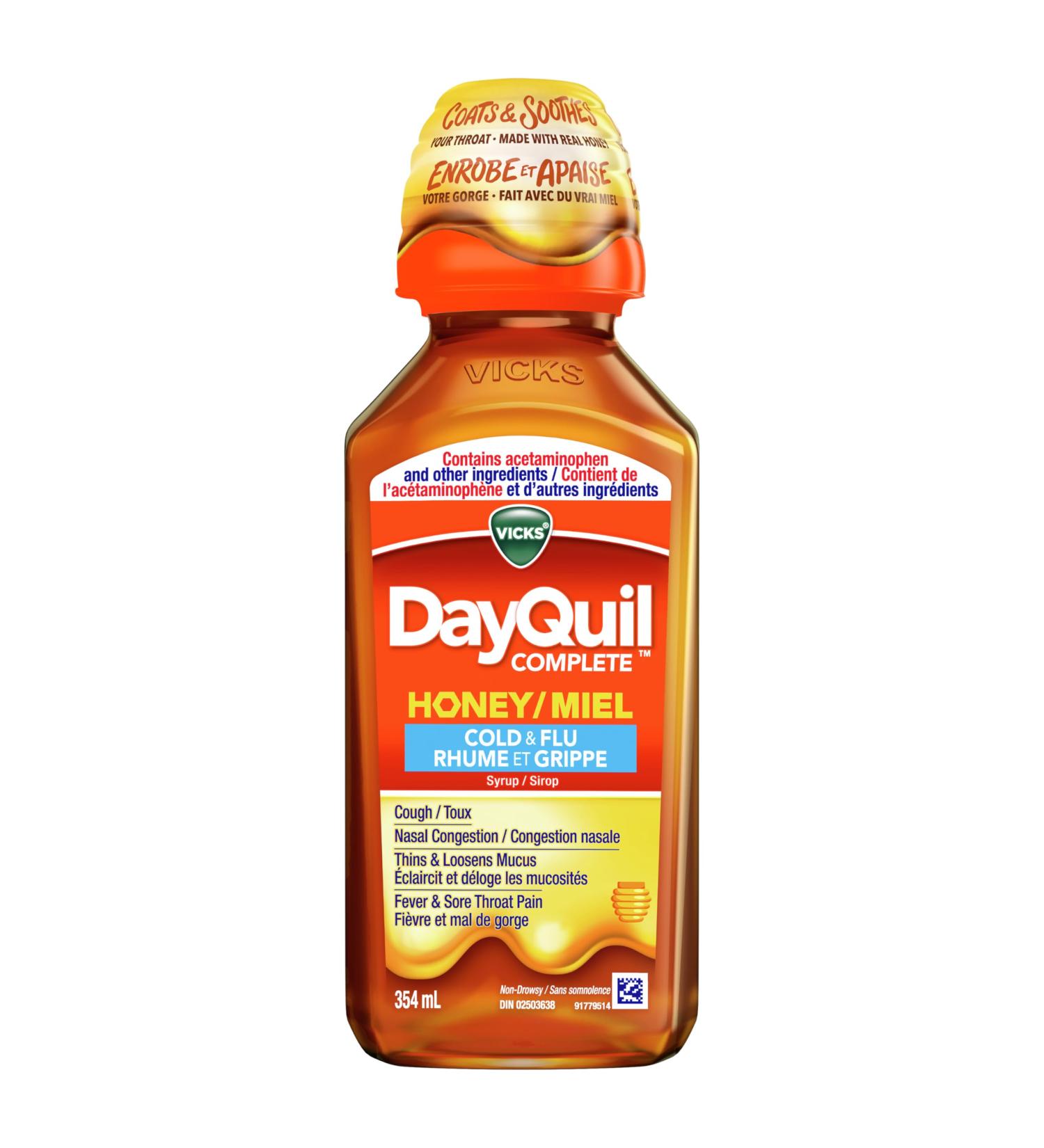 Vicks DayQuil COMPLETE Cold and Flu Medicine Liquid Medicine Honey Flavour Daytime Non-Drowsy relief for Cough Fever Sore Throat Pain Sinus congestion Sinus Pain Chest Congestion 354 ml - Buy Online on GoSupps.com