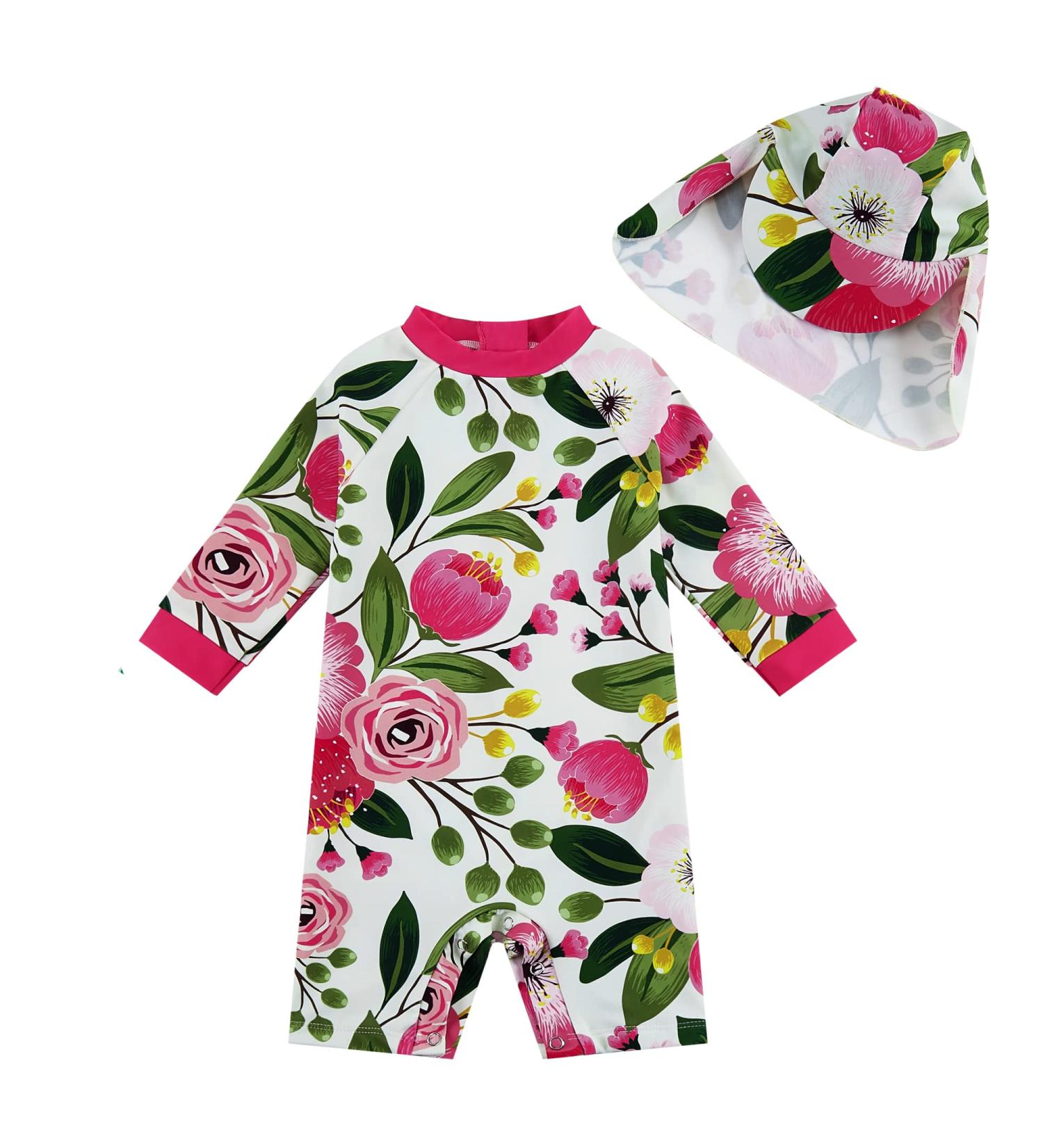 UPF 50+ Rose Flower Baby Girls Swimsuit with Snap Bottom for Sun Protection | 3-6 Months - Buy Online on GoSupps.com