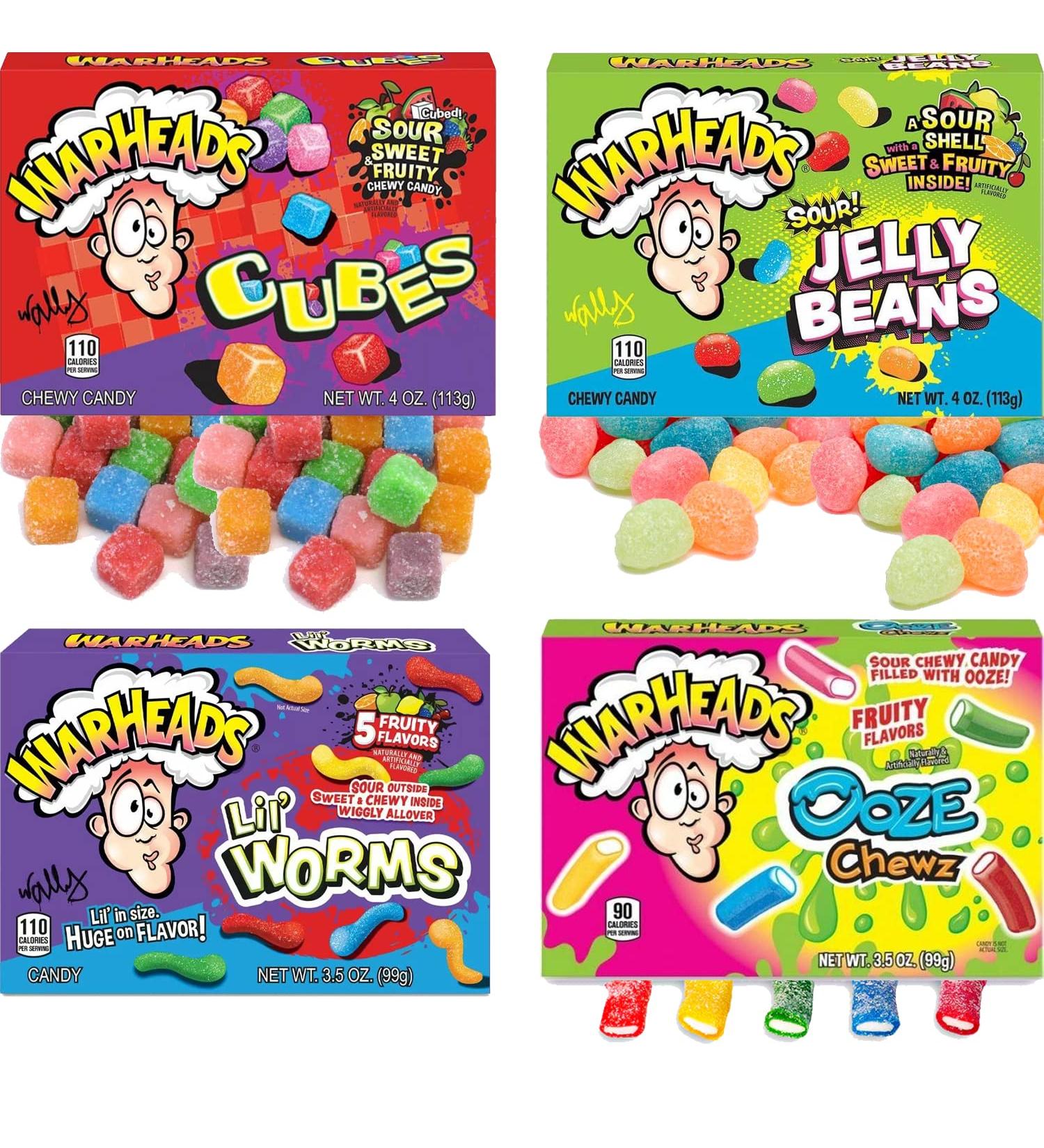 Warheads Cubes Jelly Beans Lil Worms Ooze Chewz Candy Box - 4 x Random Mixed Warheads Candy Box - Buy Online on GoSupps.com