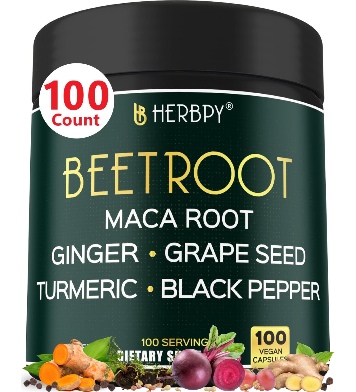 Herbpy 6in1 Beetroot Supplement with Maca Root Grape Seed Ginger Turmeric and Black Pepper for Heart Health & Immune Support - 100 Vegan Capsules - Buy Online on GoSupps.com