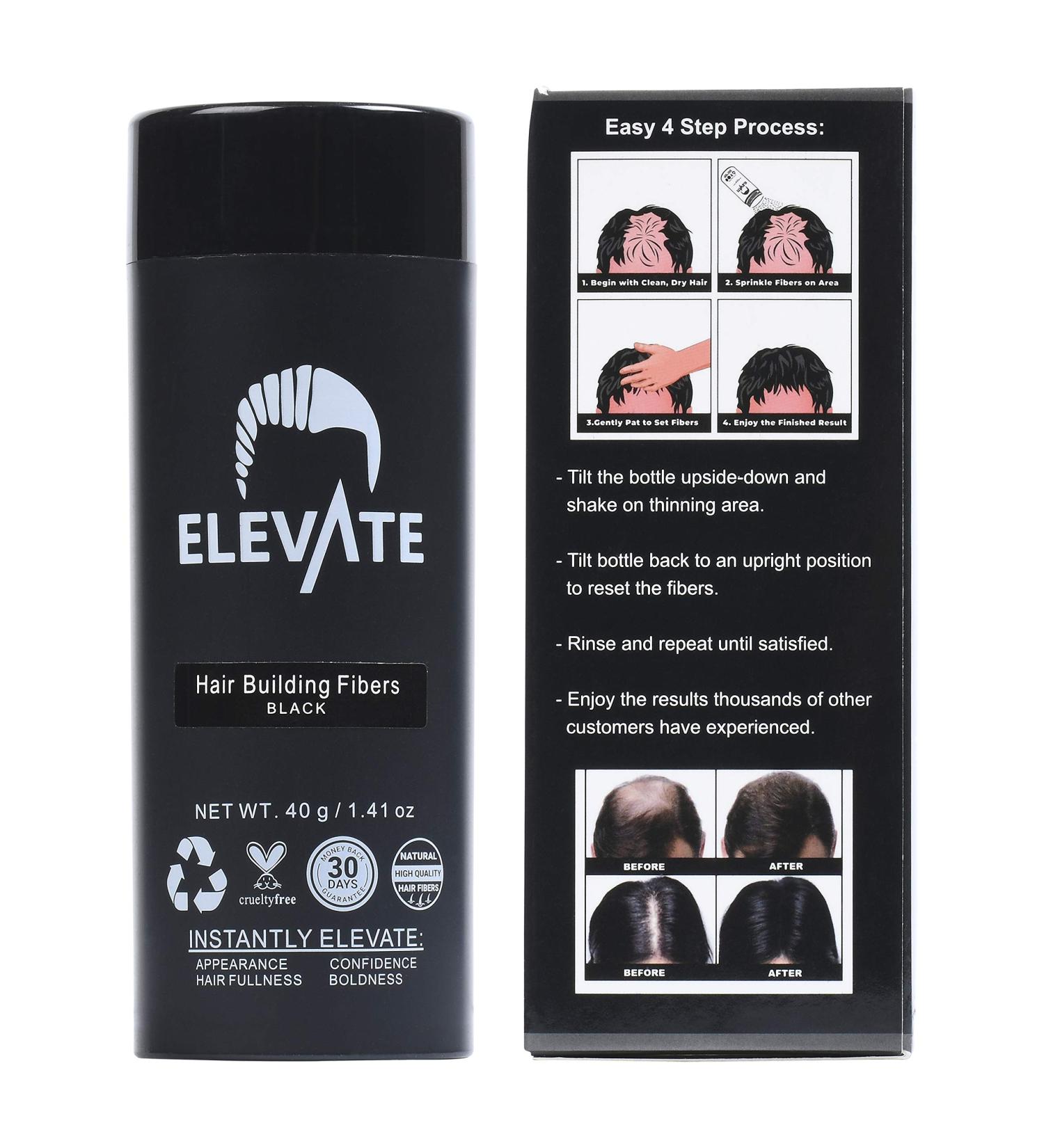 ELEVATE Hair Fibers for Thinning Hair - 40g Bottle (BLACK) | 100% Natural Keratin Fibers for Men & Women | Instantly Conceal Balding in 30 Seconds - Buy Online on GoSupps.com