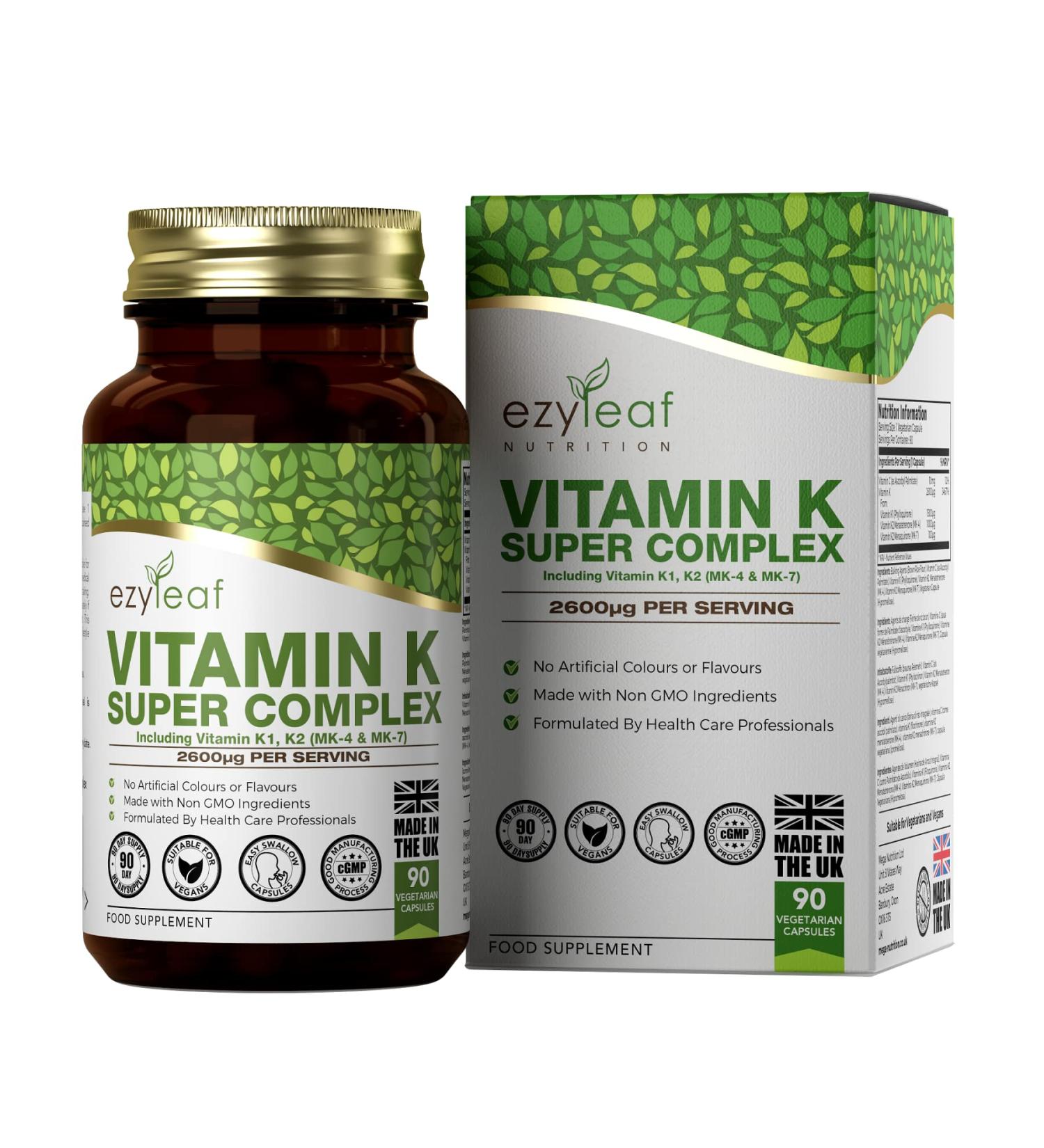 Ezyleaf Vitamin K Super Complex - 2600 g Vegan Capsules (K2 MK7 K2 MK4 K1) | Allergen-Free Non-GMO with Vitamin C | Made in GB - 90 Capsules - Buy Online on GoSupps.com