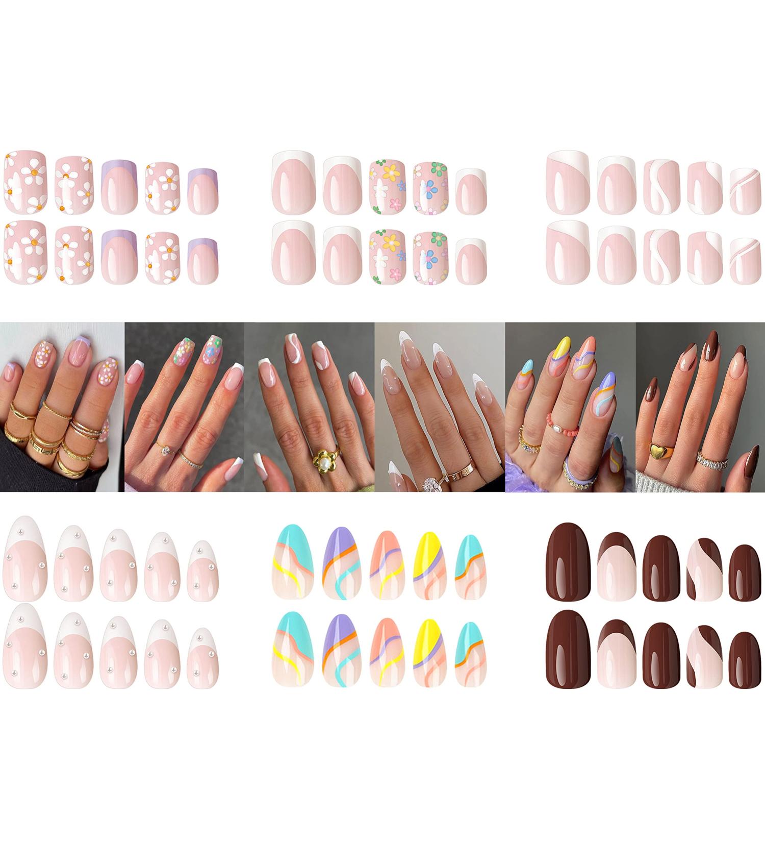Yivaiks 6 Pack Press On Nails Short & Medium French Tip Design | Full Cover Acrylic Almond & Square Glue On Nails Set - Elegant Flowers | 144 Pcs Fake Nails for Women and Girls - Buy Online on GoSupps.com
