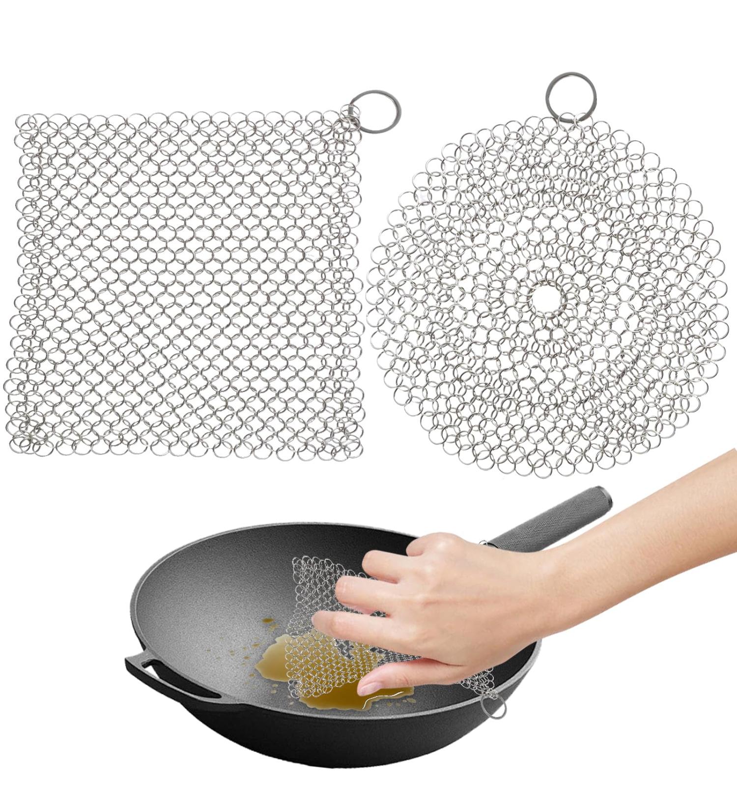 2 Pcs Cast Iron Scrubber Stainless Steel Cast Iron Skillet Cleaner Effective Cleaning Metal Cast Iron Skillet Cleaner Chainmail Multipurpose Round Cast Iron Scrubber for Cast Iron Pan Baking Skillet - Buy Online on GoSupps.com