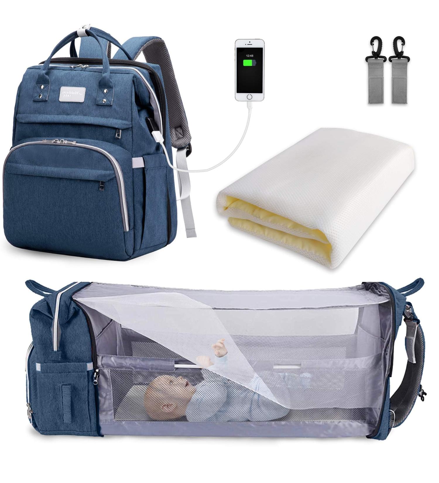 Shop SndMor Dark Blue Diaper Bag Backpack - Multifunctional with Bed Function Stroller Hooks Ideal for Moms & Dads | International Shipping - Buy Online on GoSupps.com