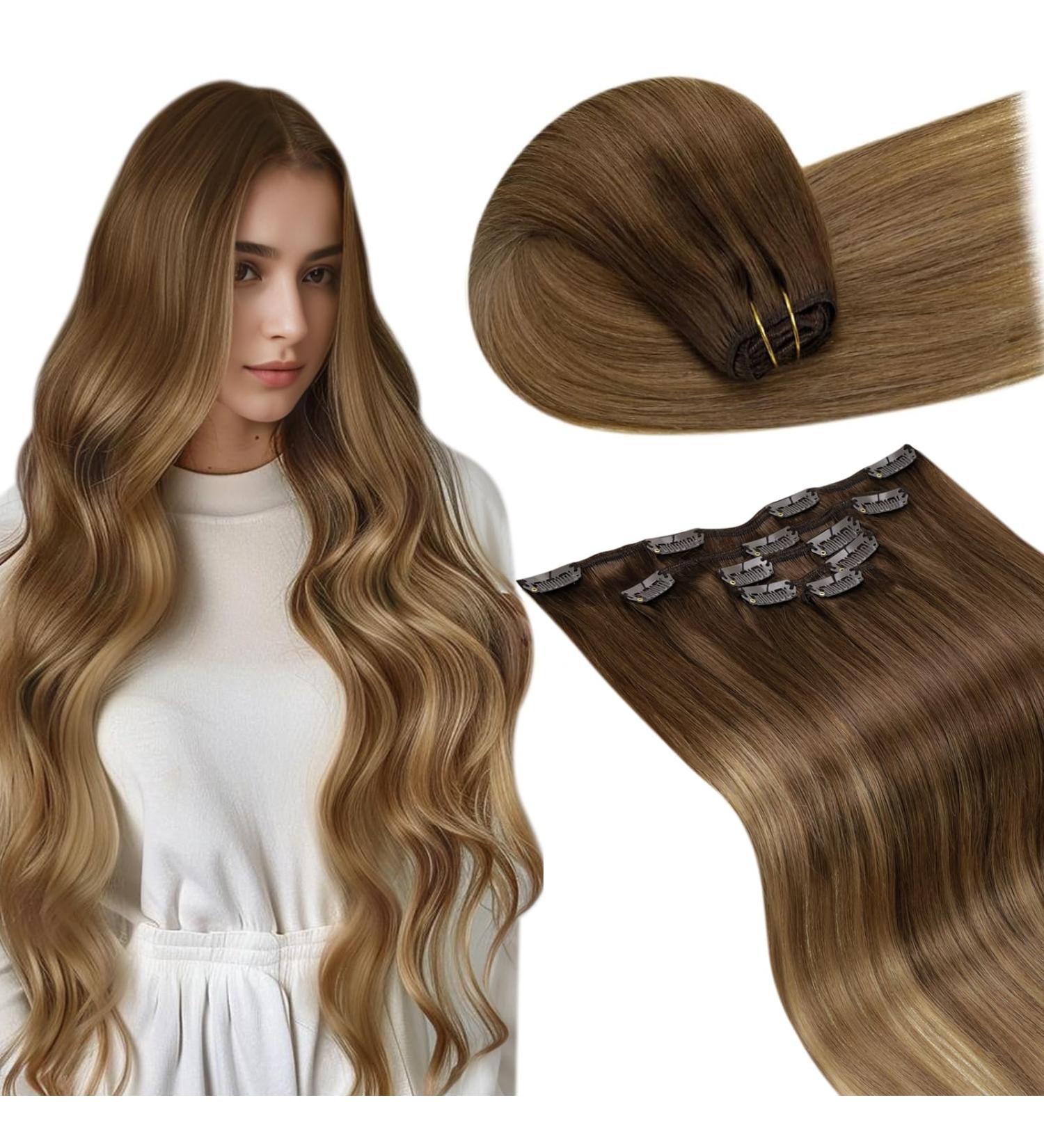 LAAVOO Real Hair Clip-In Extensions - Brown Balayage 30cm 70g Remy Human Hair 5pcs - Best Quality for Instant Length & Volume - Buy Online on GoSupps.com