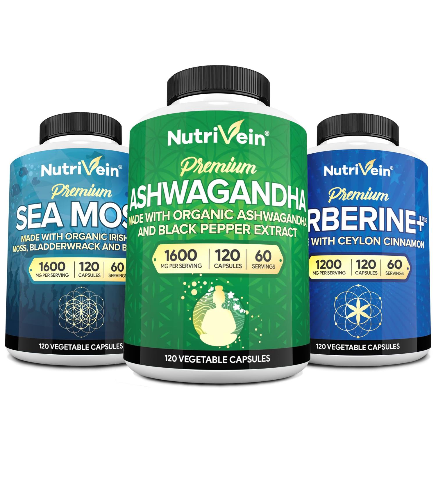 Nutrivein Premium Irish Sea Moss Capsules, Berberine Supplements, and Ashwagandha Supplements Bundle: High-Absorption Berberine Hcl, Ashwagandha Root Extract, & Sea Moss for Digestion & Daily Balance - Buy Online on GoSupps.com