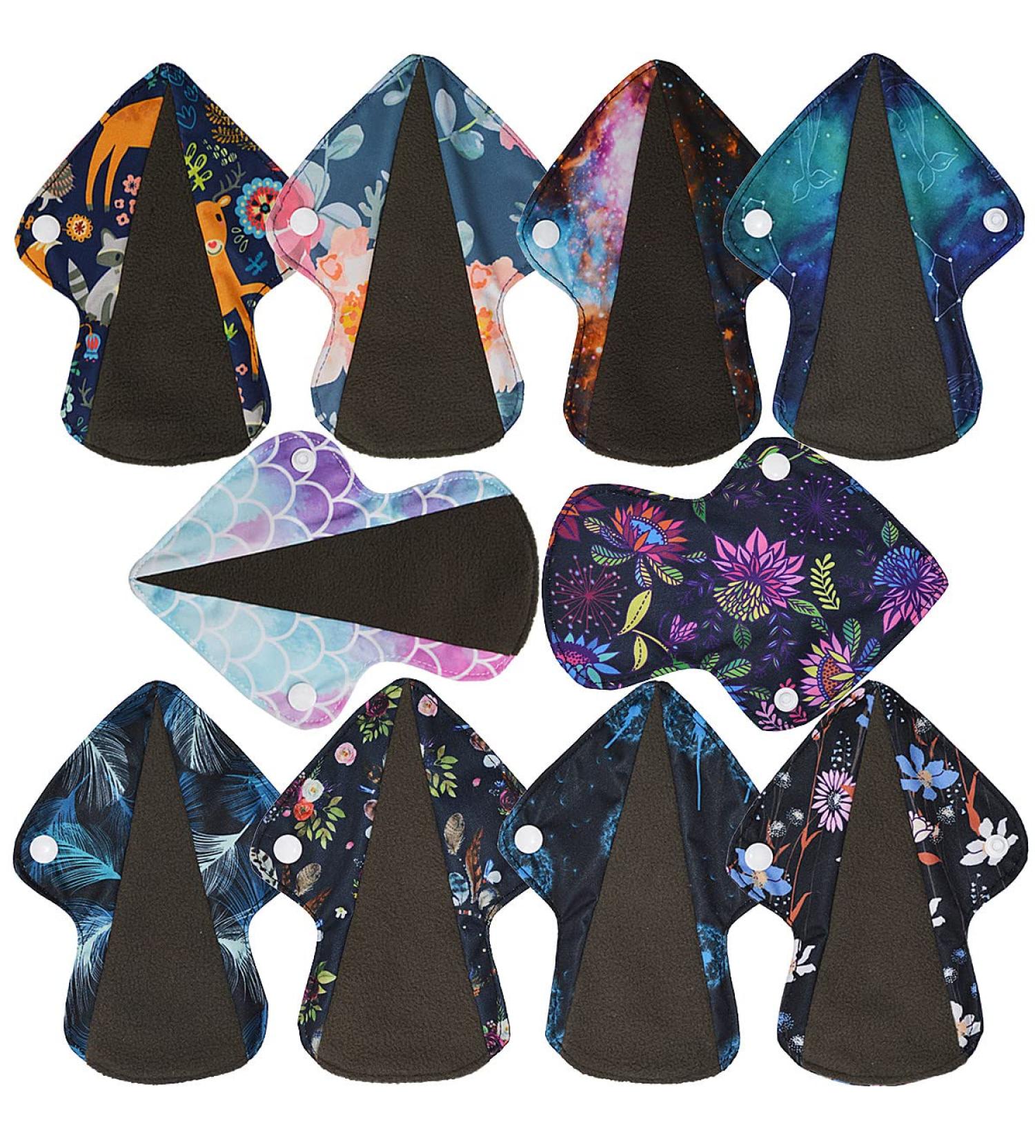 Reusable Charcoal Bamboo Mama Cloth Menstrual Pads - 10 Piece Set, 7x5 inch with Wing for Thongs - Buy Online on GoSupps.com