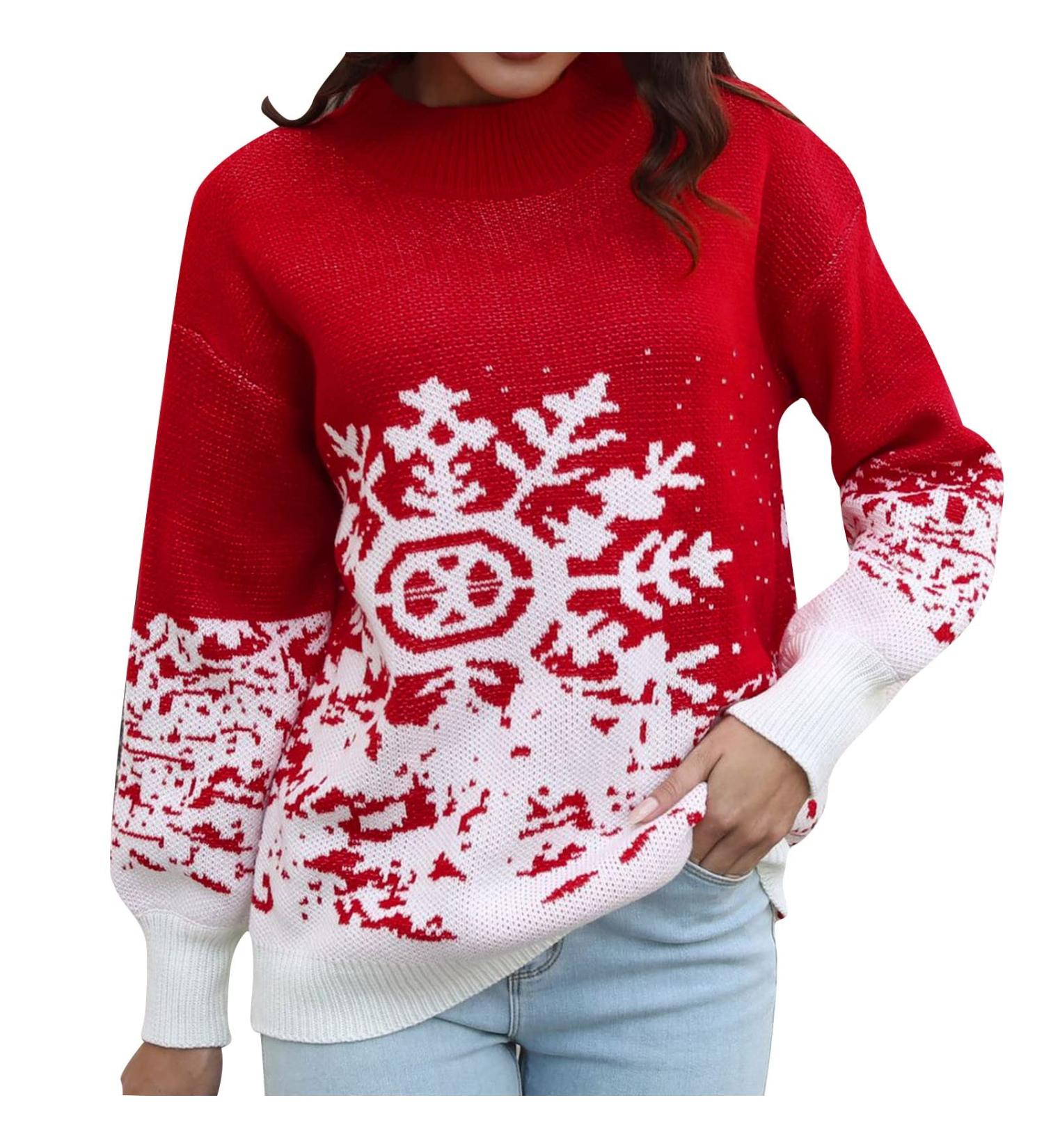 Shop Women's Oversized Reindeer Pattern Christmas Sweater - Cozy Round Neckline & Roll Collar - Ugly Christmas Sweater for Holiday Cheer - Buy Online on GoSupps.com