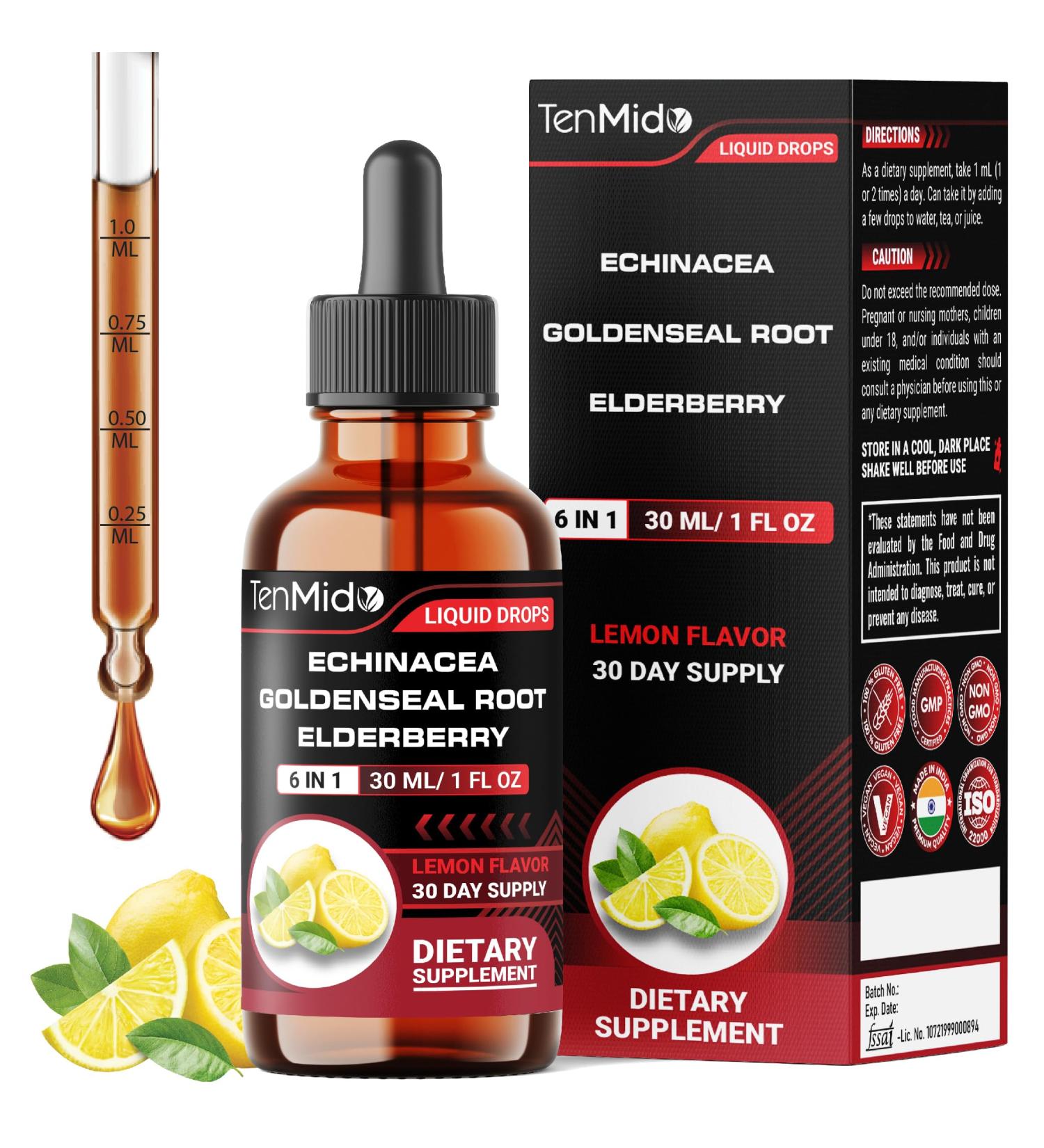 Tenmido Echinacea Goldenseal Tincture - 6in1 with Vitamin D3 Vitamin C Zinc and Elderberry - Immune System Support - Vegan Non-GMO - 30ml 1 Fl Oz - Buy Online on GoSupps.com