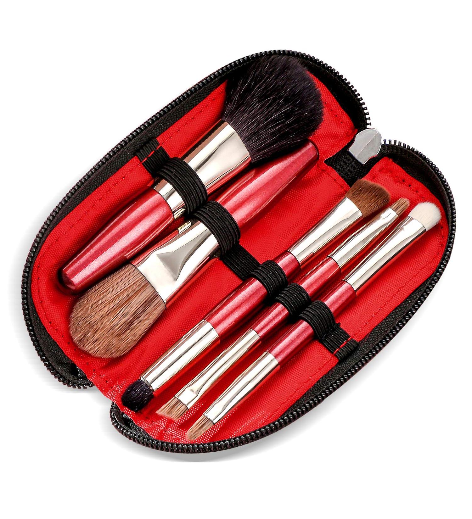 5PCS Portable Mini Makeup Brushes Set with Travel Case - Natural & Synthetic Hair, Travel Size Cosmetic Kit for Foundation, Contouring, Blending, Blush, Eyeshadow - Red - Buy Online on GoSupps.com